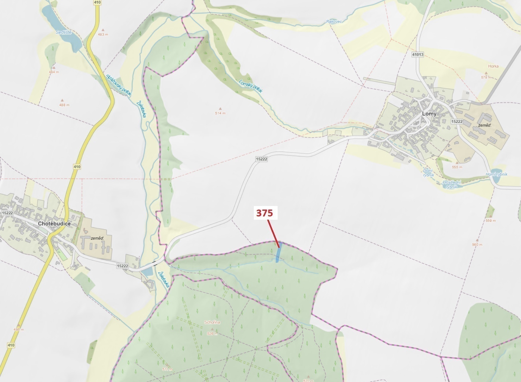 Lesní pozemek o výměře 1497 m2, podíl 1/1, katastrální území Chotěbudice, obec Chotěbudice, obec s r