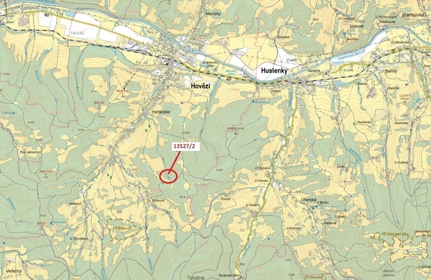 Lesní pozemek o výměře 1230 m2, podíl 1/1, katastrální území Hovězí, obec Hovězí, obec s rozšířenou 