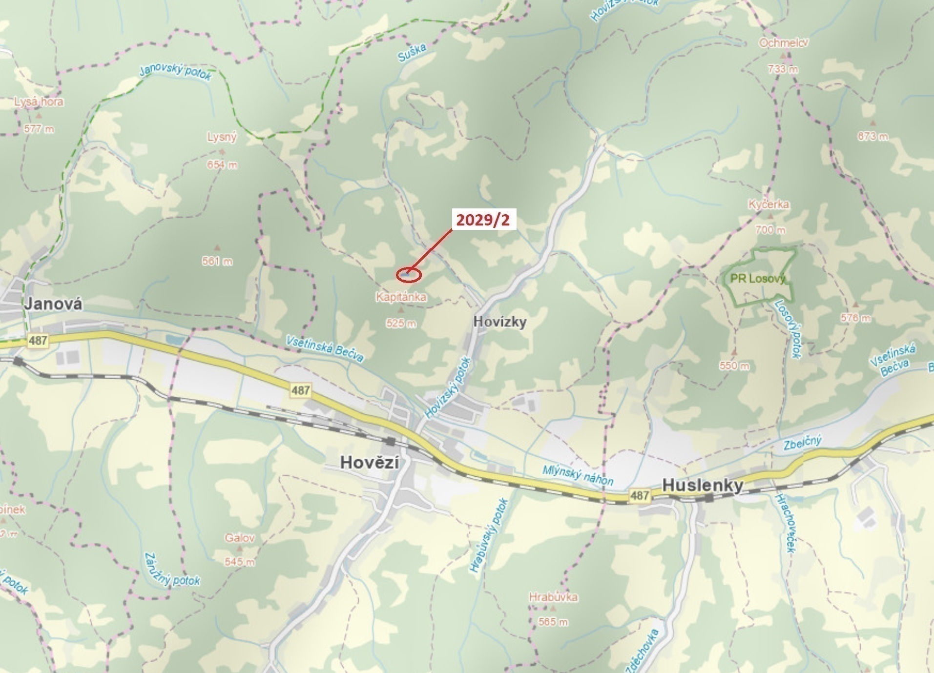 Lesní pozemek o výměře 788 m2, podíl 1/1, katastrální území Hovězí, obec Hovězí, obec s rozšířenou p