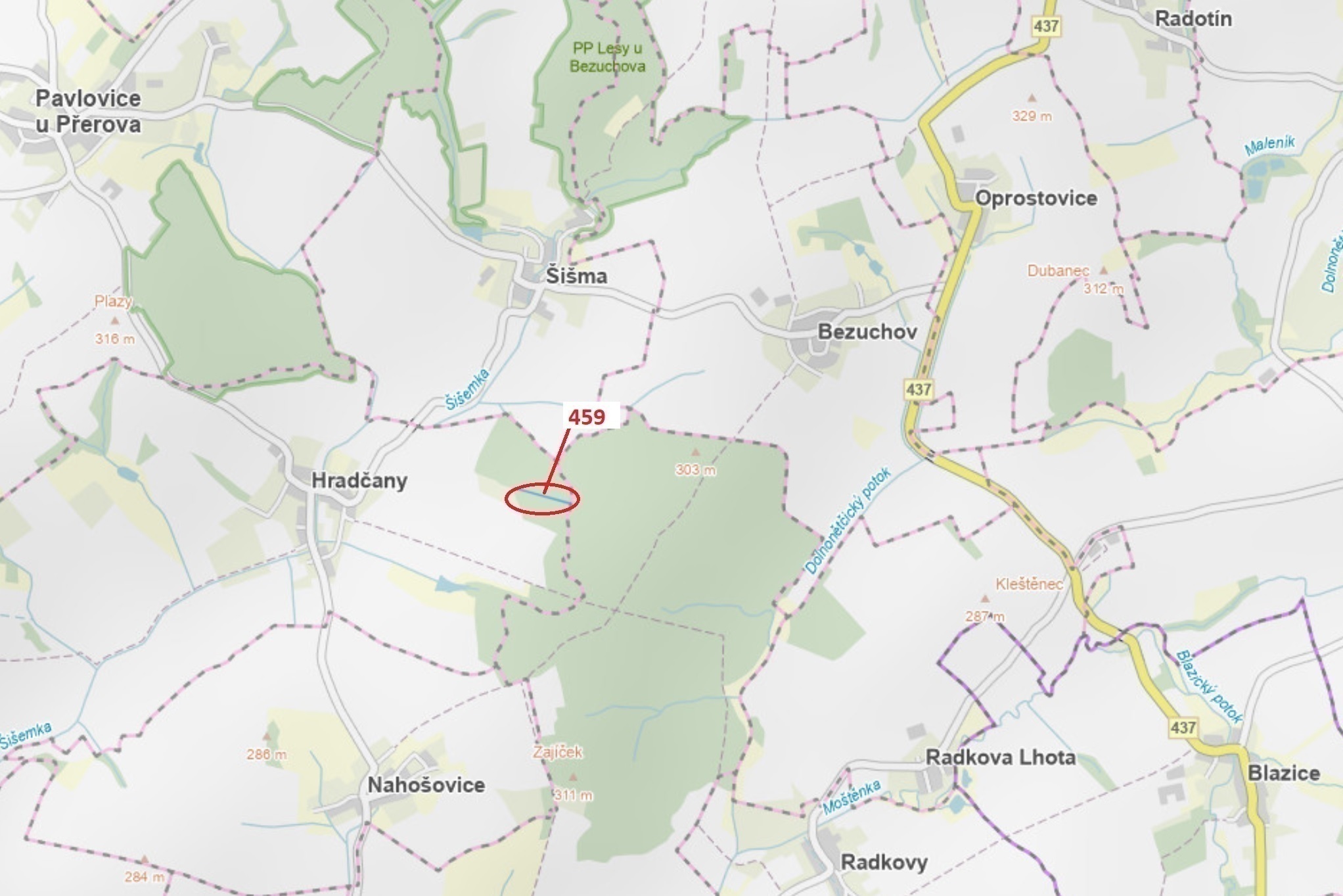 Lesní pozemek o výměře 1895 m2, podíl 1/1, katastrální území Hradčany na Moravě, obec Hradčany, obec