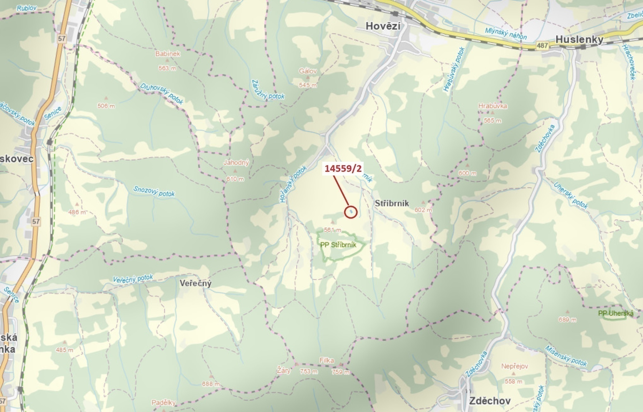 Lesní pozemek o výměře 605 m2, podíl 1/1, katastrální území Hovězí, obec Hovězí, obec s rozšířenou p