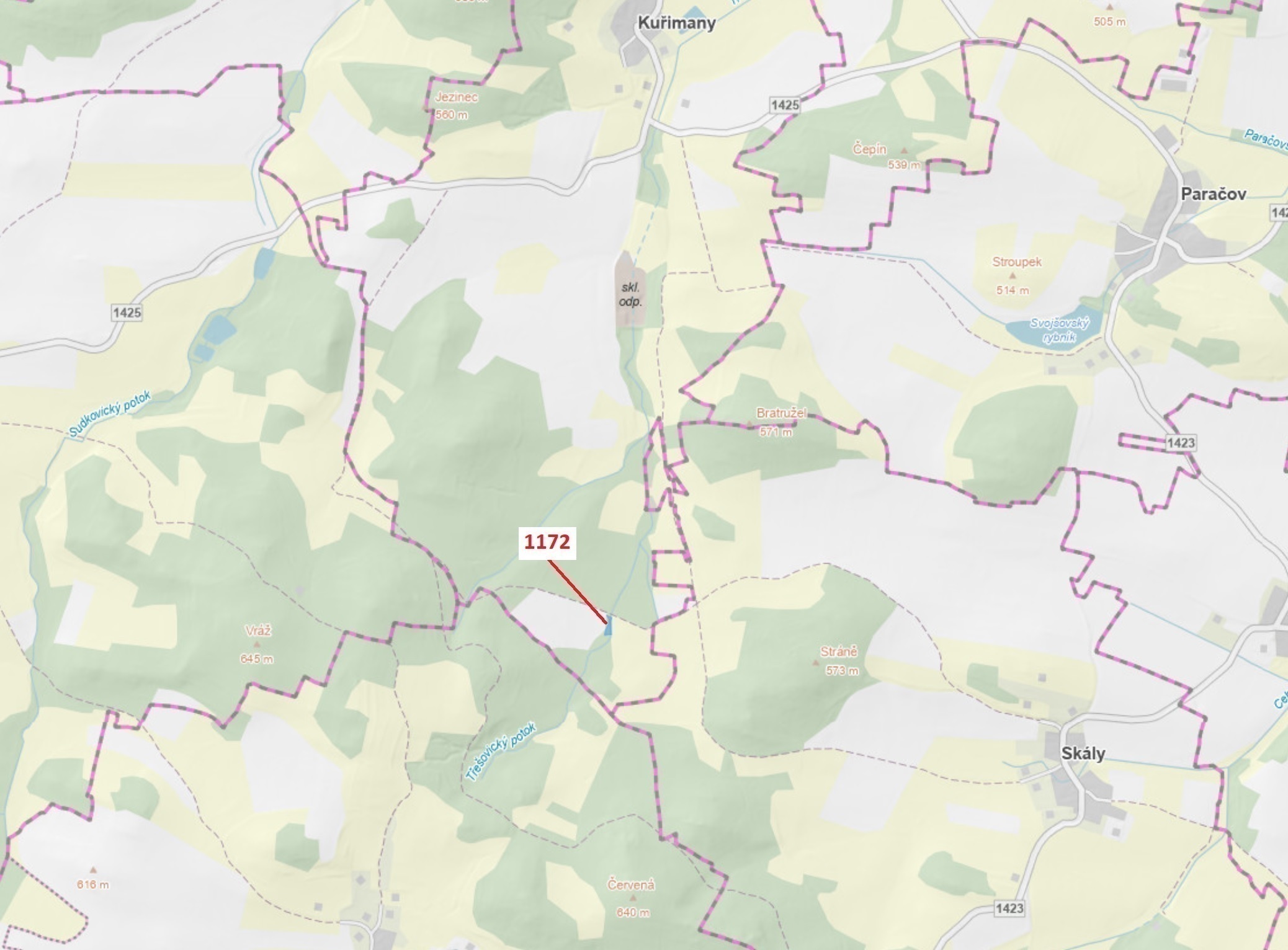 Lesní pozemek o výměře 875 m2, podíl 1/1, katastrální území Kuřimany, obec Kuřimany, obec s rozšířen