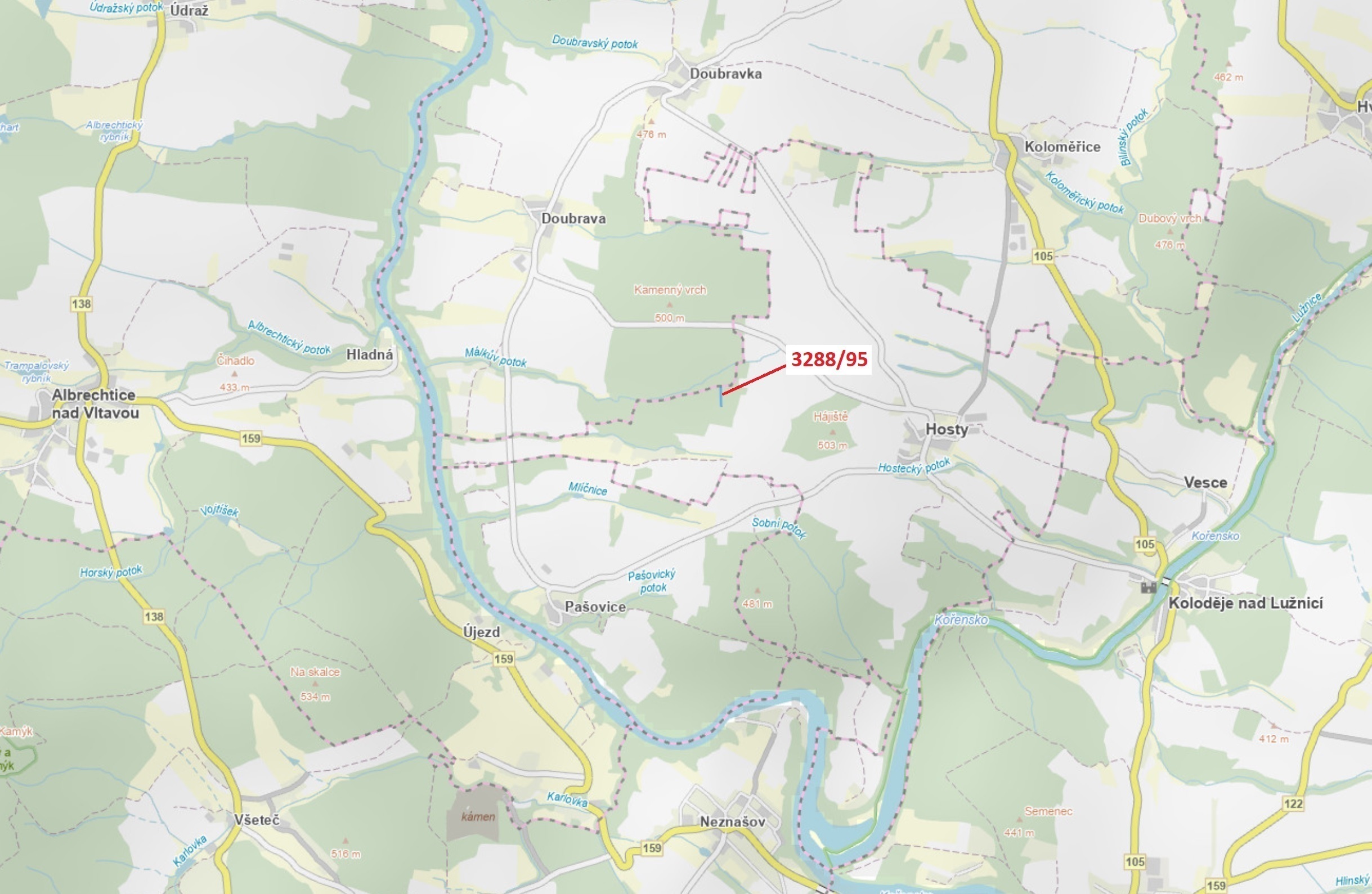 Lesní pozemek o výměře 1735 m2, podíl 1/1, katastrální území Hosty, obec Hosty, obec s rozšířenou pů