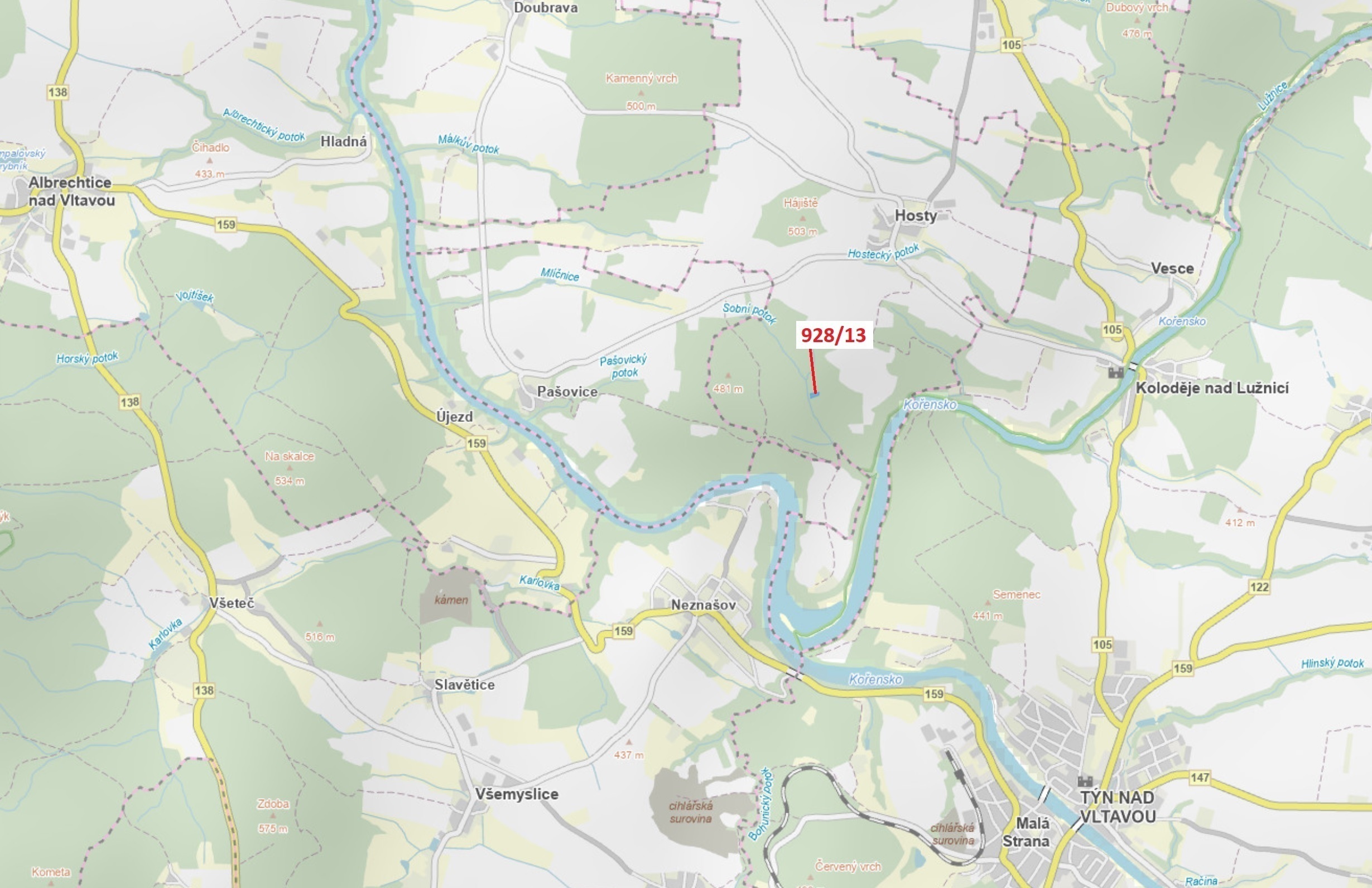 Lesní pozemek o výměře 1803 m2, podíl 1/1, katastrální území Hosty, obec Hosty, obec s rozšířenou pů