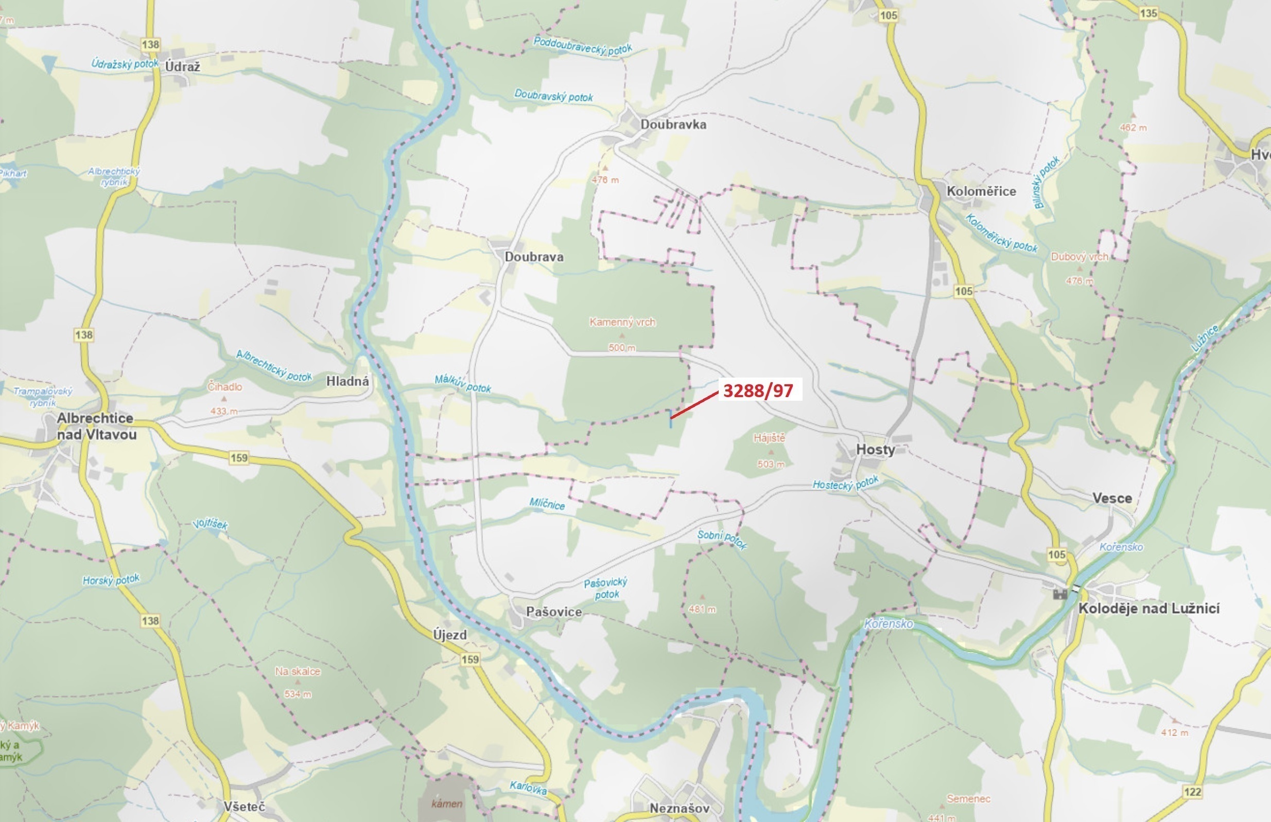 Lesní pozemek o výměře 1729 m2, podíl 1/1, katastrální území Hosty, obec Hosty, obec s rozšířenou pů