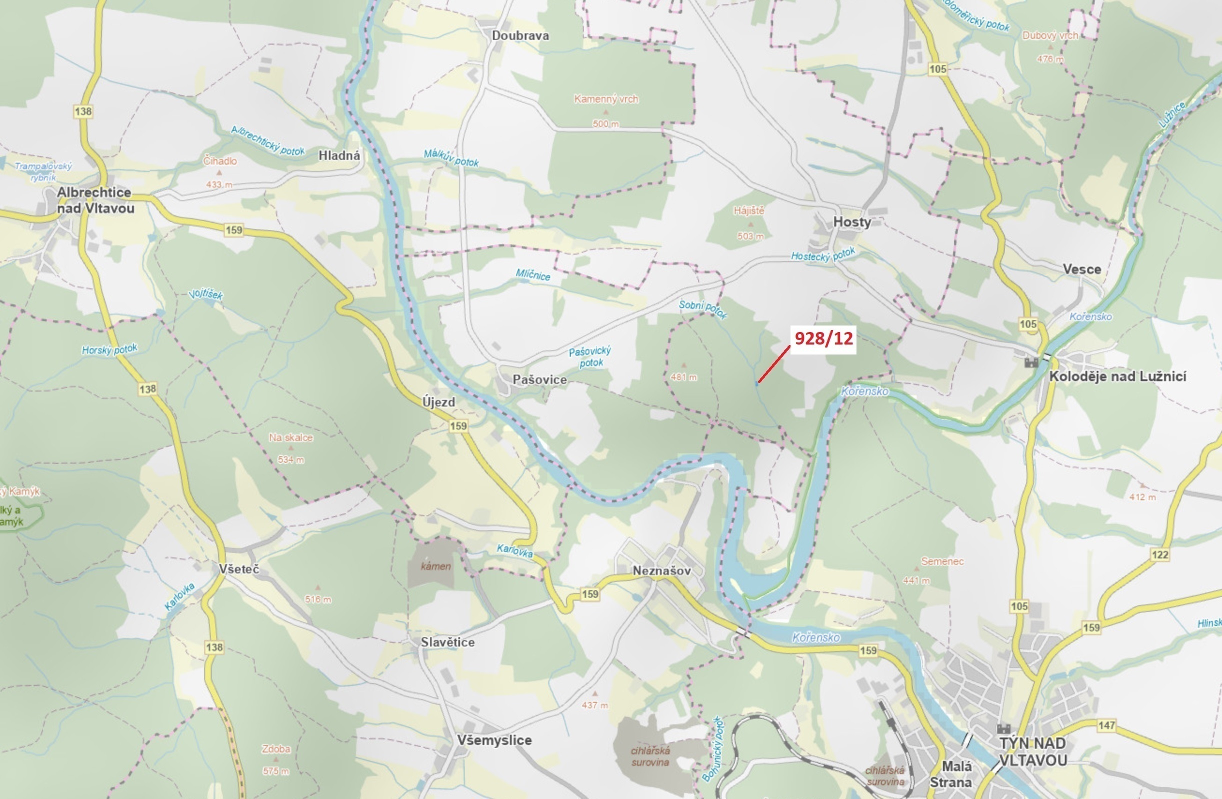 Lesní pozemek o výměře 418 m2, podíl 1/1, katastrální území Hosty, obec Hosty, obec s rozšířenou půs