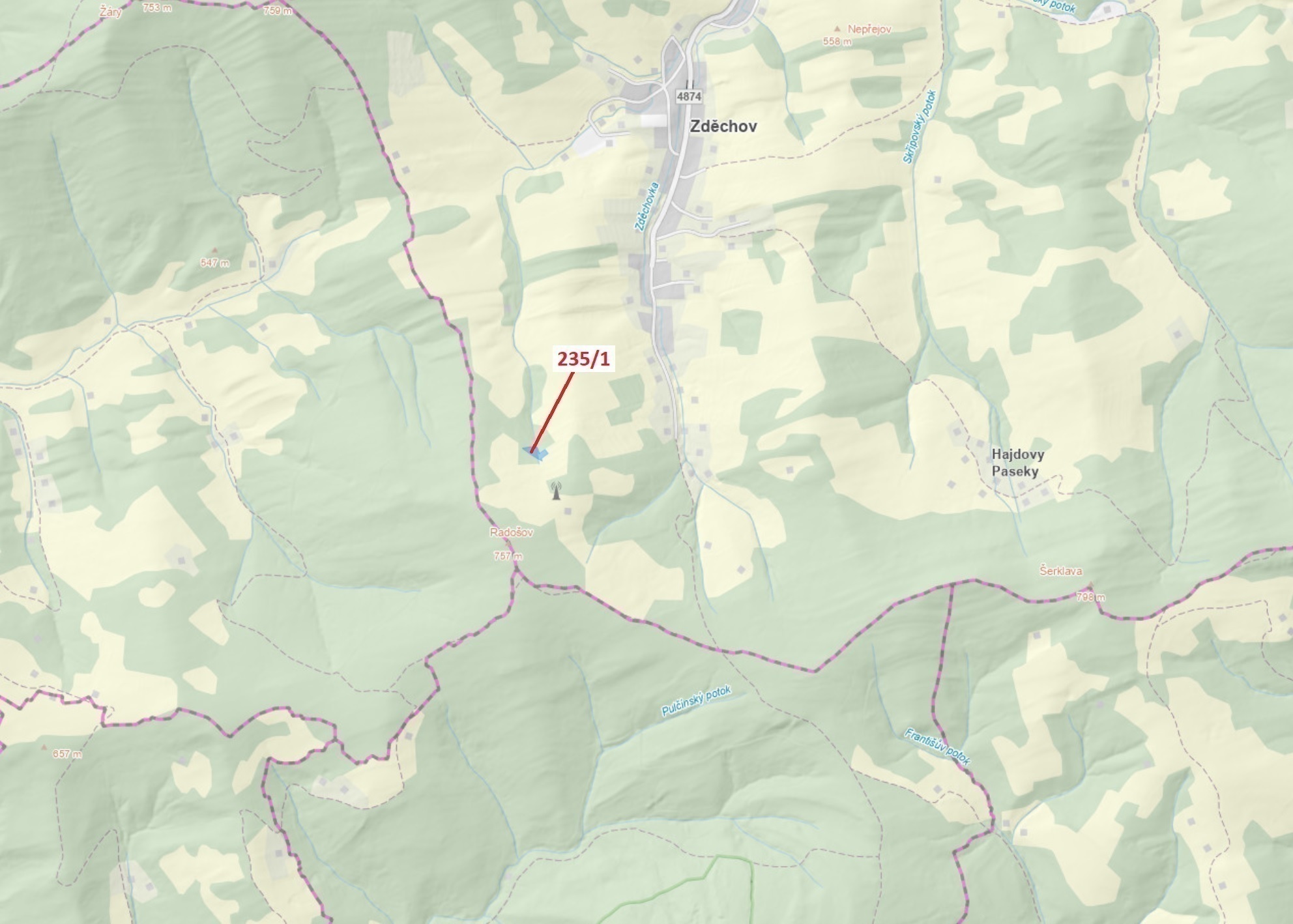 Lesní pozemek o výměře 2467 m2, podíl 1/1, katastrální území Zděchov, obec Zděchov, obec s rozšířeno