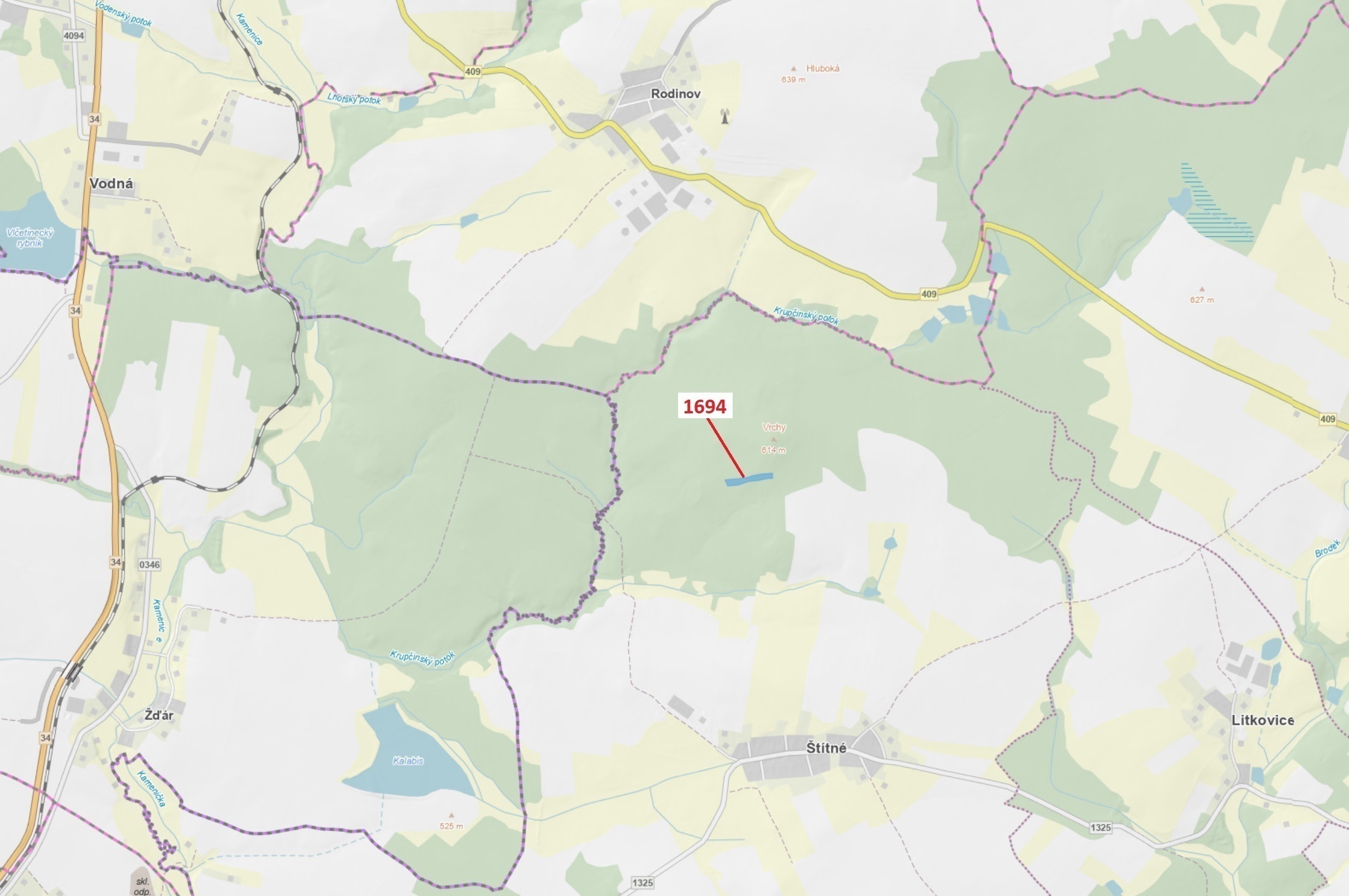 Lesní pozemek o výměře 5 755 m2, podíl 1/1, katastrální území Štítné, obec Žirovnice, obec s rozšíře