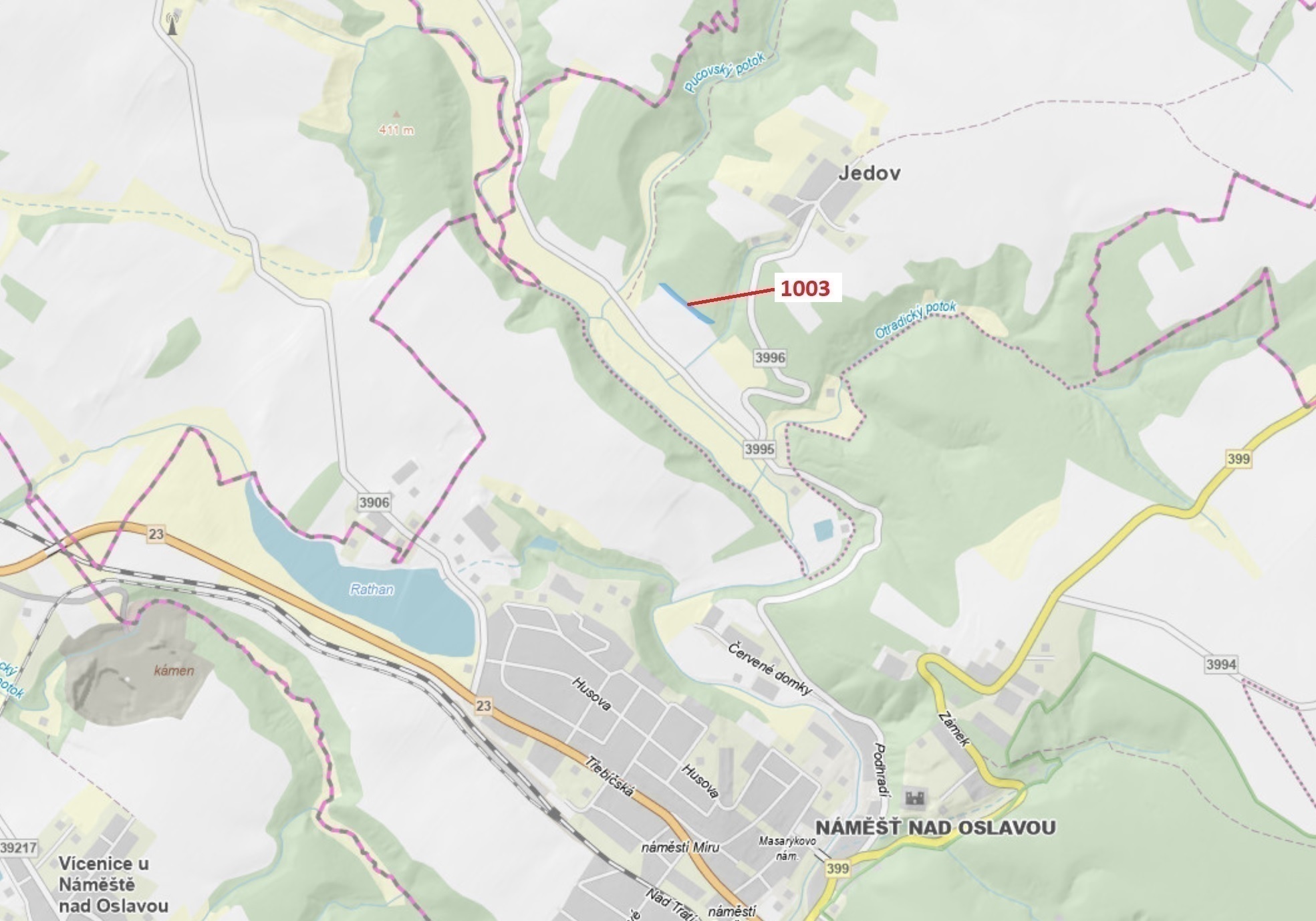 Lesní pozemek o výměře 3001 m2, podíl 1/1, katastrální území Jedov, obec Náměšť nad Oslavou, obec s 