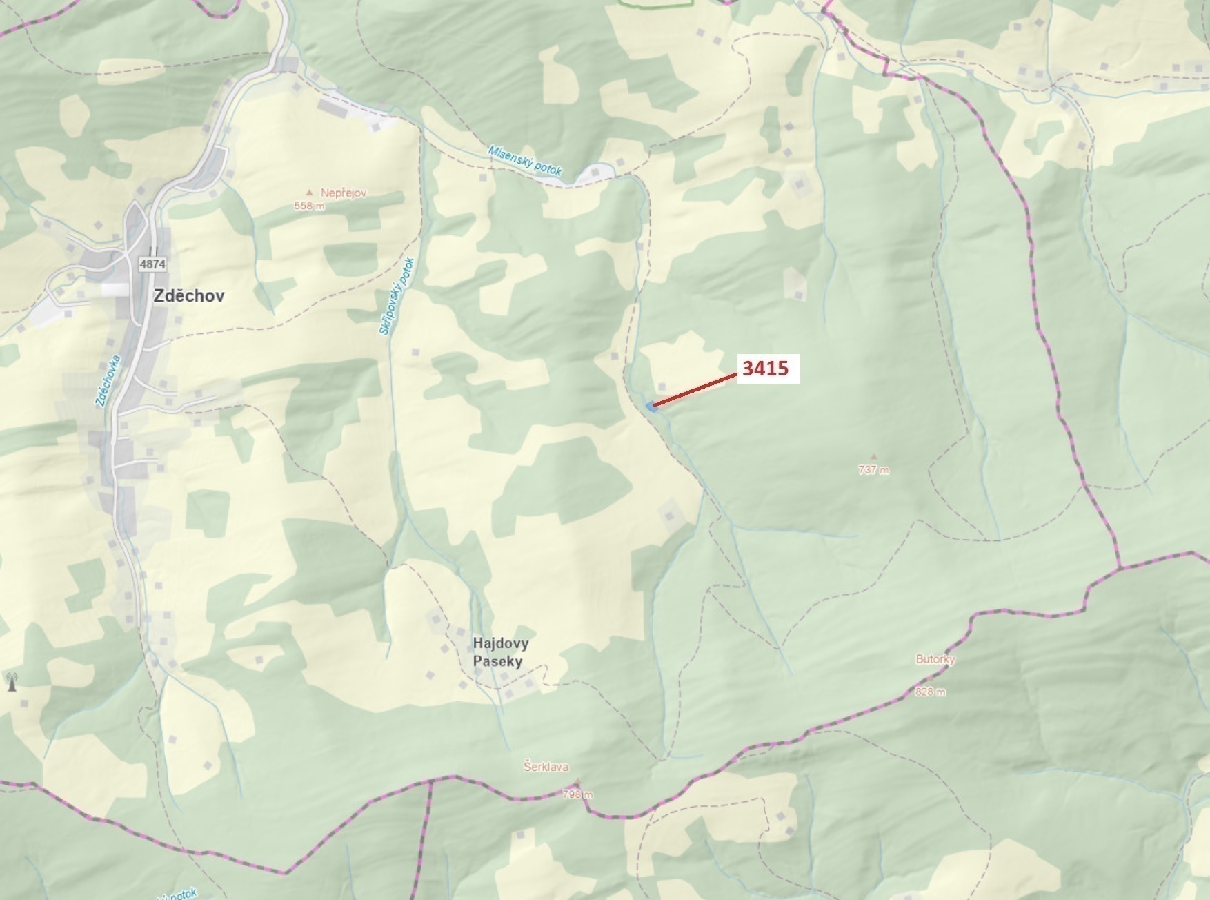 Lesní pozemek o výměře 1093 m2, podíl 1/1, katastrální území Zděchov, obec Zděchov, obec s rozšířeno