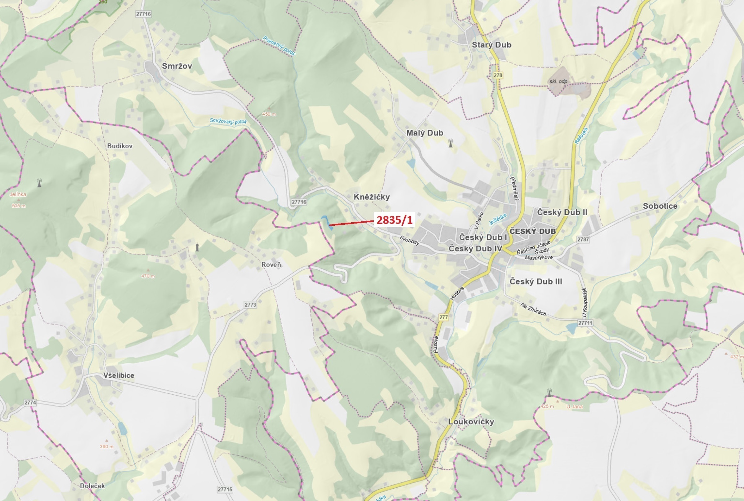 Lesní pozemek o výměře 2117 m2, podíl 1/1, katastrální území Český Dub, obec Český Dub, obec s rozší