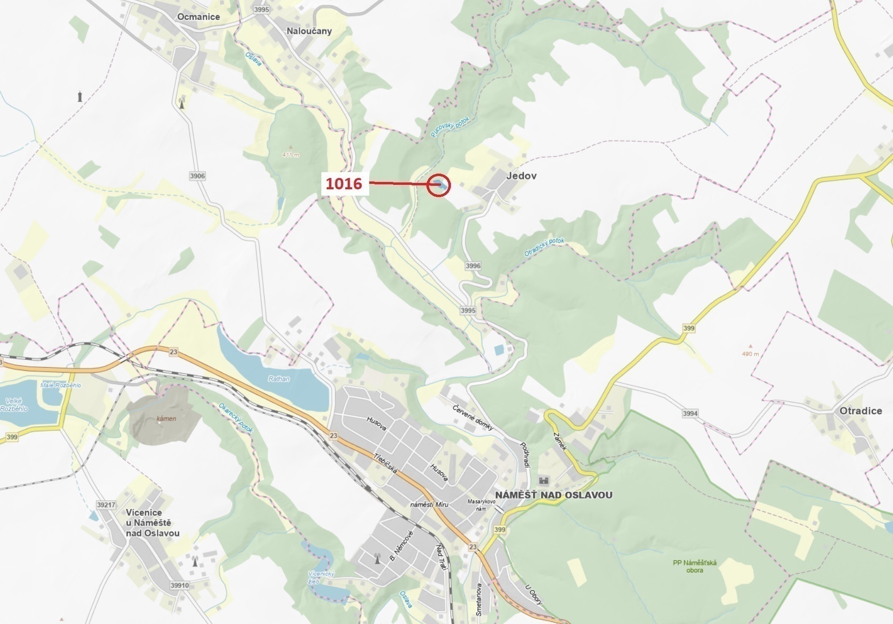 Lesní pozemek o výměře 2458 m2, podíl 1/1, katastrální území Jedov, obec Náměšť nad Oslavou, obec s 