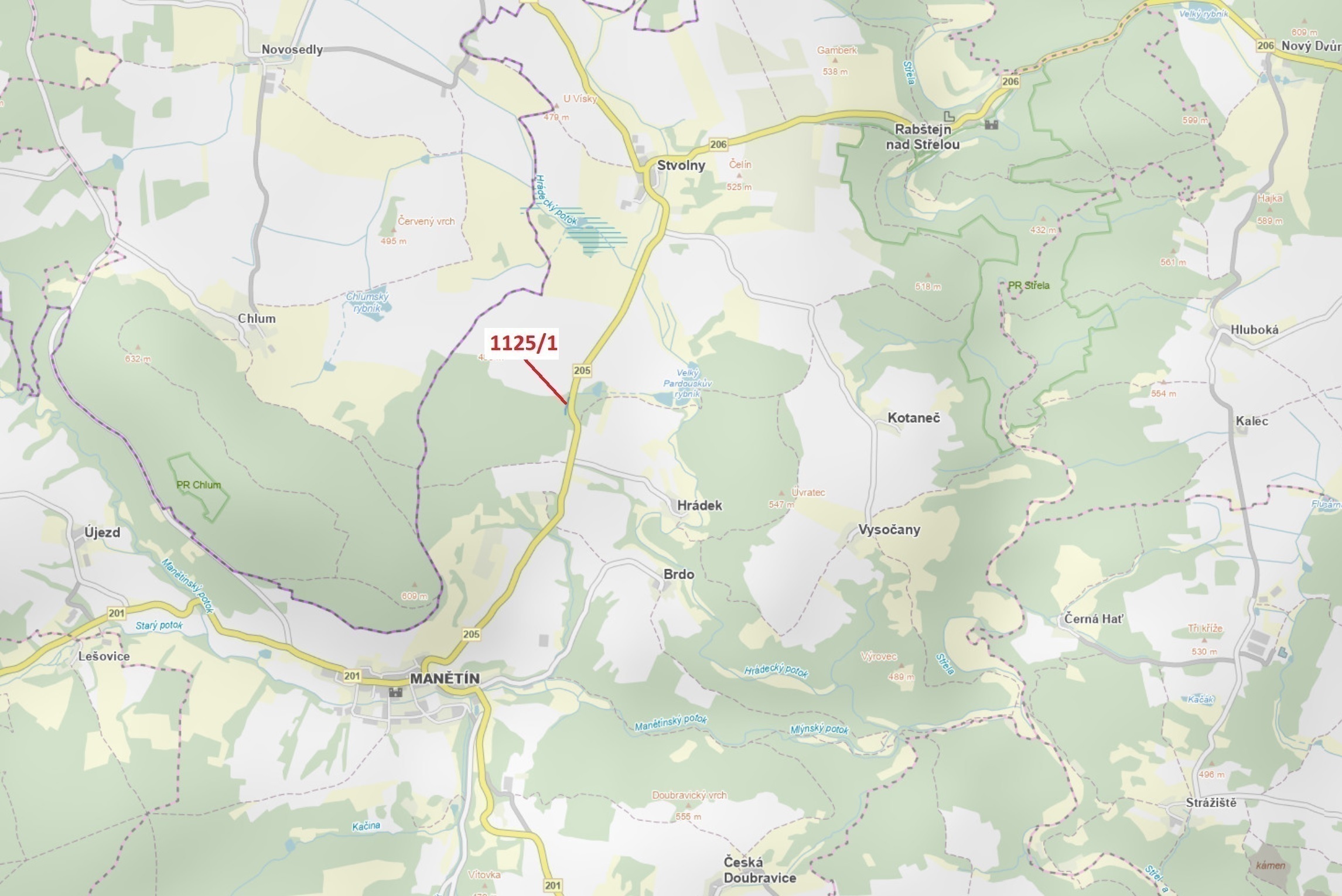 Lesní pozemek o výměře 1 988 m2, podíl 1/1, katastrální území Stvolny, obec Manětín, obec s rozšířen