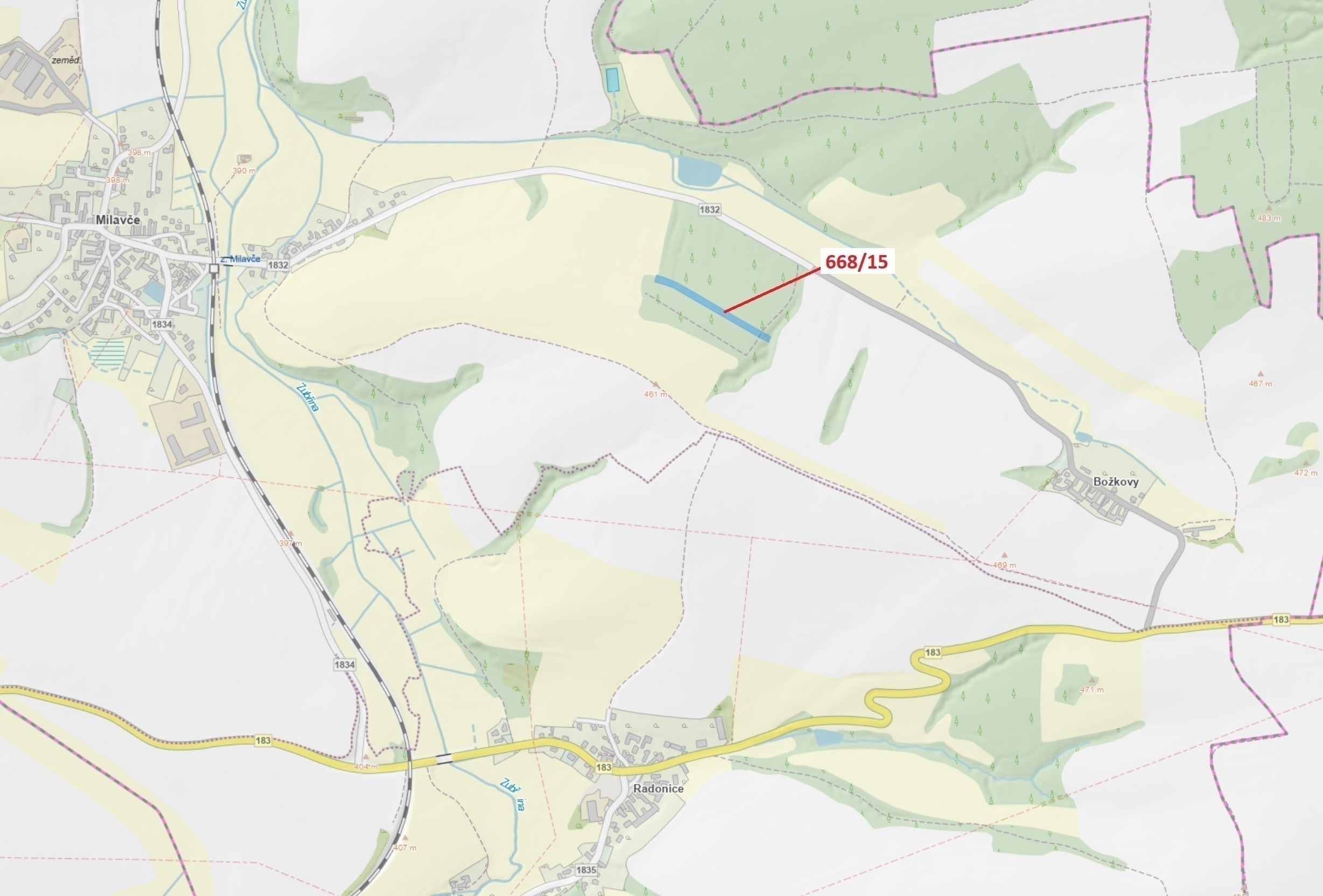 Lesní pozemek o výměře 4 689 m2, podíl 1/1, katastrální území Milavče, obec Milavče, obec s rozšířen