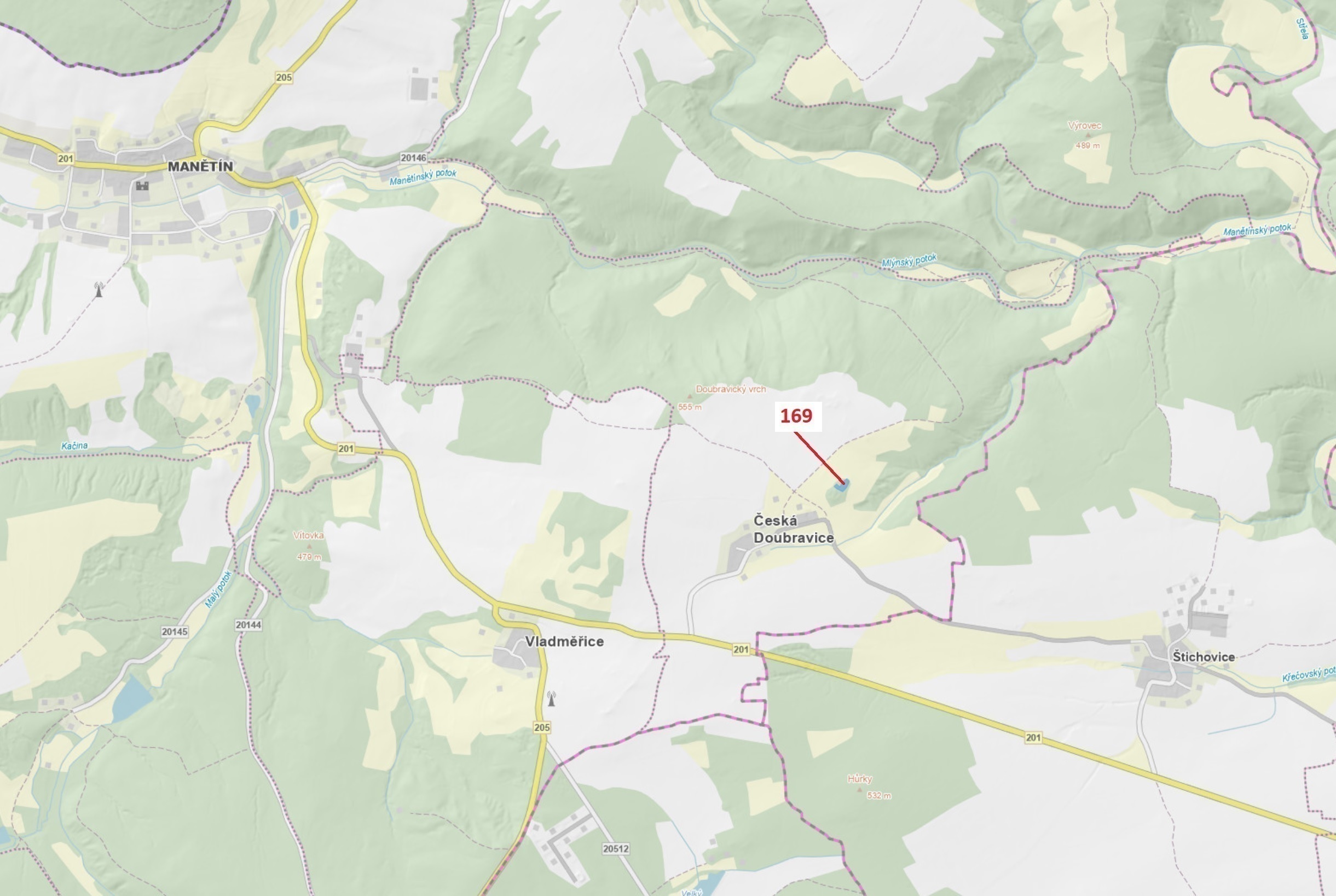 Lesní pozemek o výměře 1 917 m2, podíl 1/1, katastrální území Česká Doubravice, obec Manětín, obec s