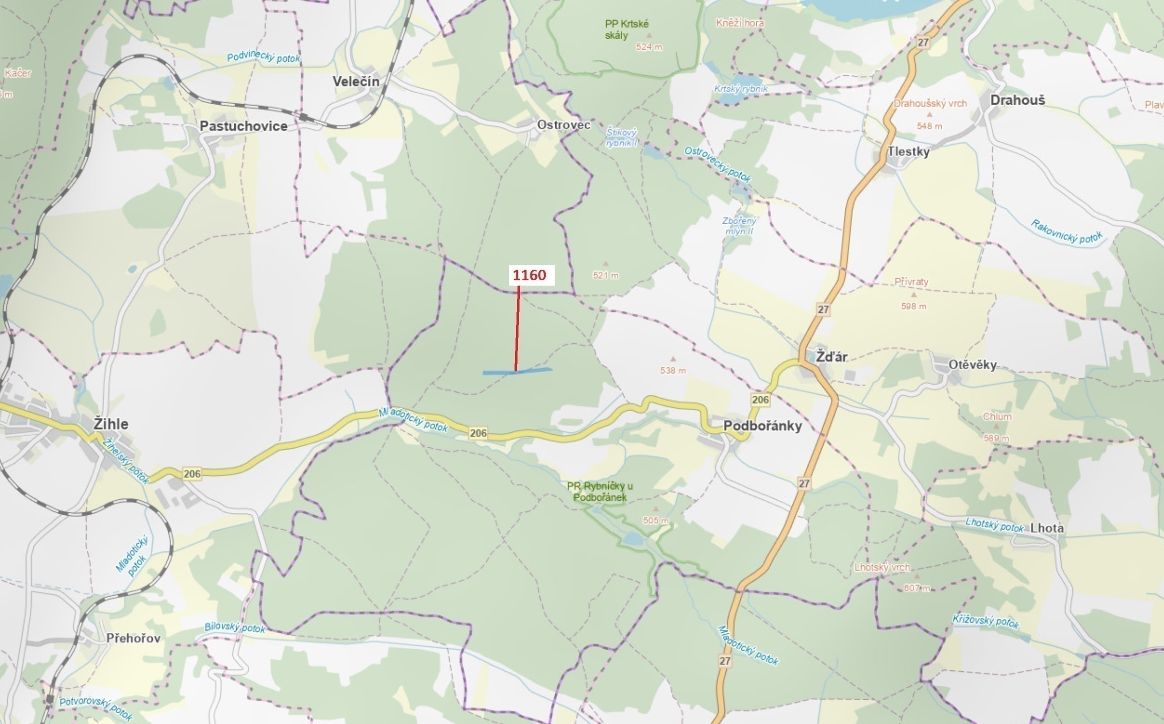 Lesní pozemek o výměře 12 984 m2, podíl 1/1, katastrální území Podbořánky, obec Jesenice, obec s roz