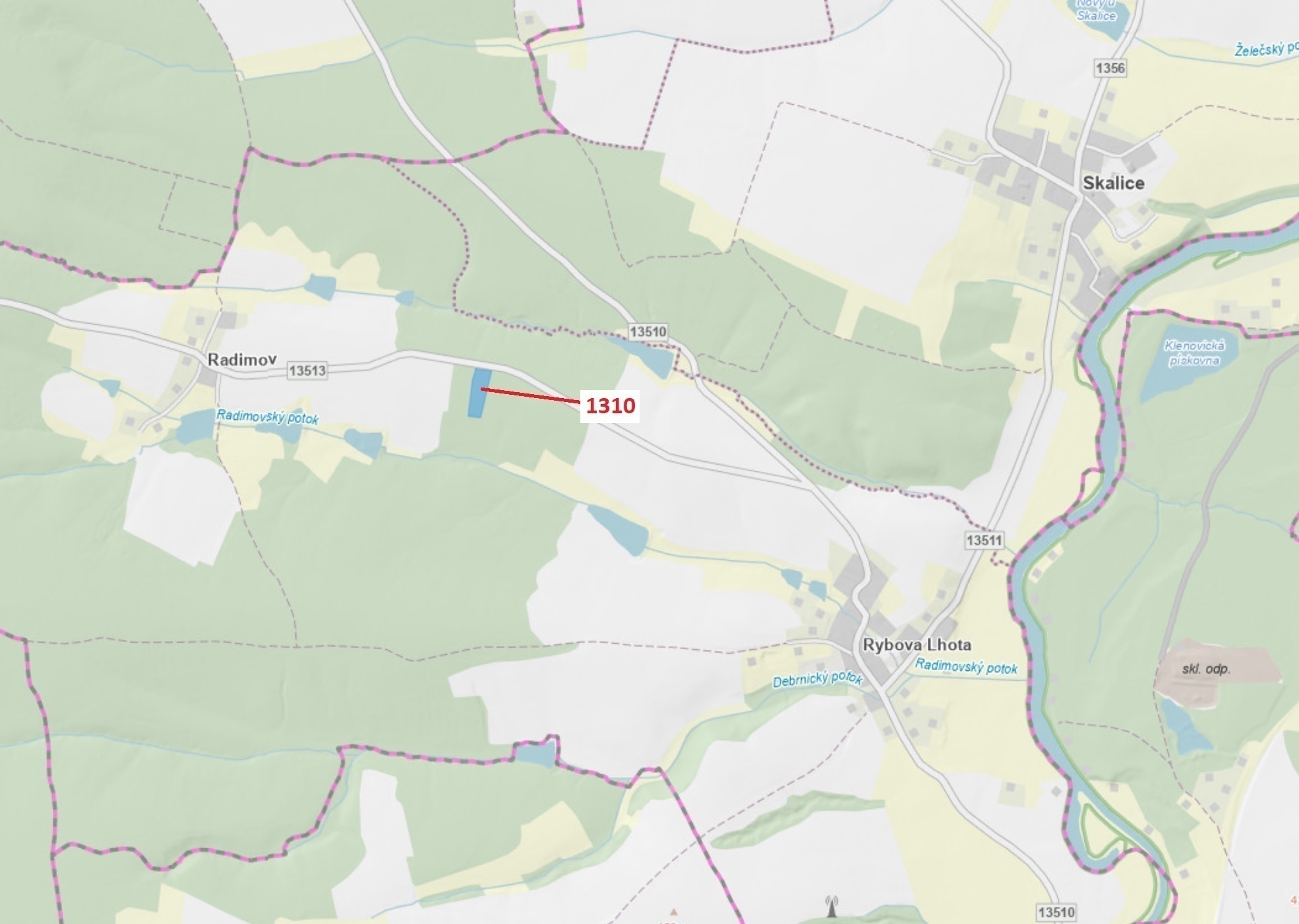Lesní pozemek o výměře 7441 m2, podíl 1/1, katastrální území Rybova Lhota, obec Skalice, obec s rozš