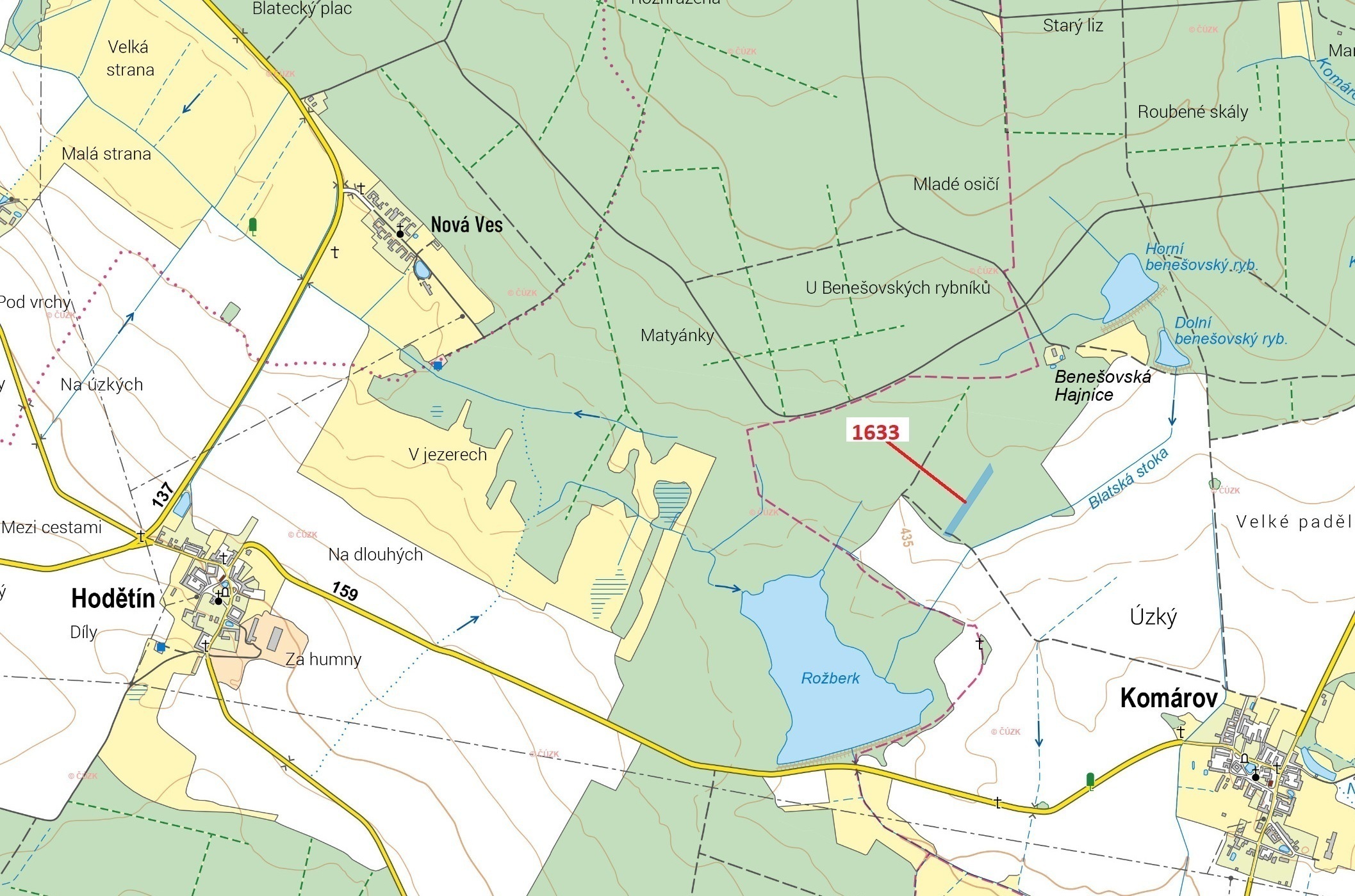 Lesní pozemek o výměře 5902 m2, podíl 1/1, katastrální území Komárov u Soběslavi, obec Komárov, obec