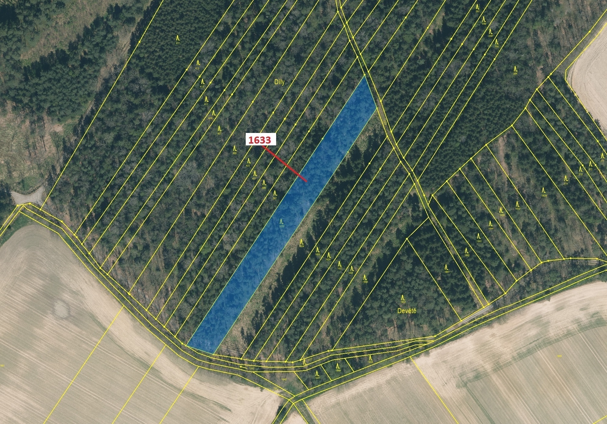 Lesní pozemek o výměře 5902 m2, podíl 1/1, katastrální území Komárov u Soběslavi, obec Komárov, obec