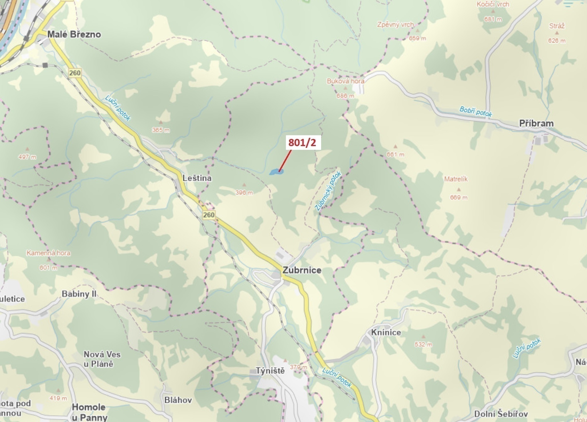 Lesní pozemek o výměře 8 765 m2, podíl  9/10, katastrální území Zubrnice, obec Zubrnice, obec s rozš