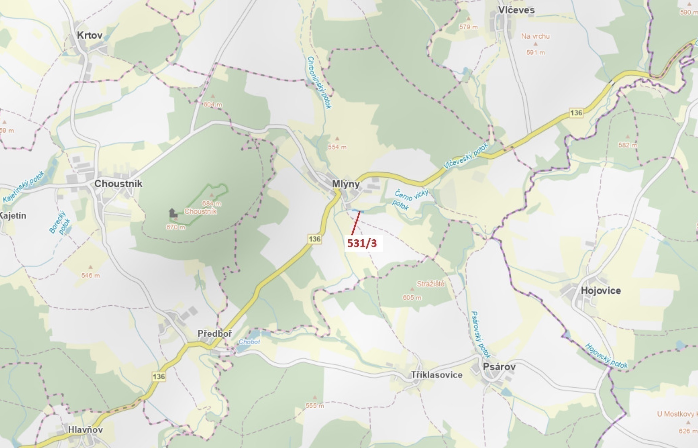 Lesní pozemek o výměře 1397 m2, podíl 1/1, katastrální území Mlýny u Choustníku, obec Mlýny, obec s 