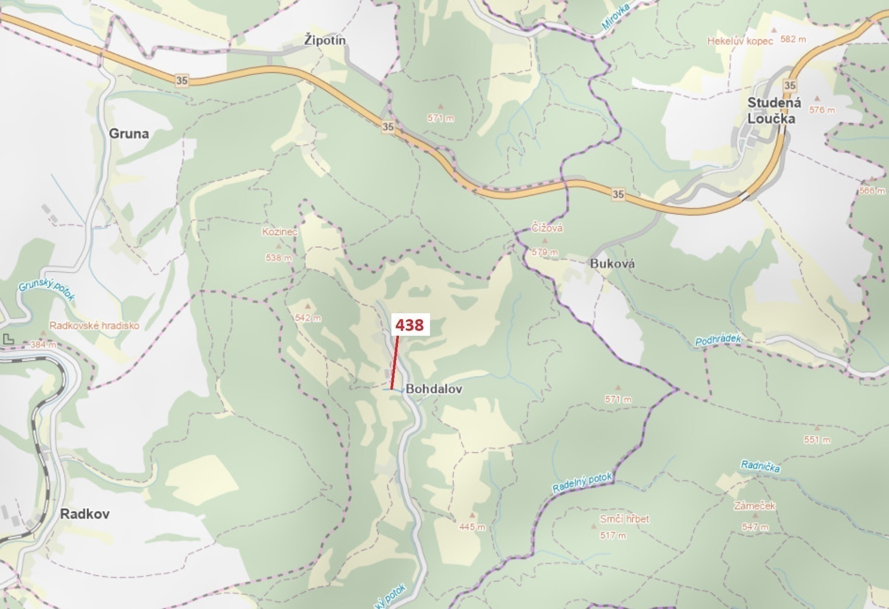 Lesní pozemek o výměře 836 m2, podíl 1/1, katastrální území Bohdalov u Městečka Trnávky, obec Městeč