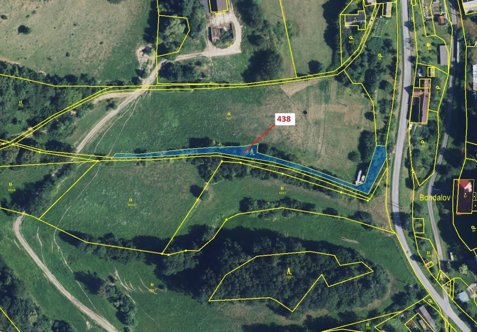 Lesní pozemek o výměře 836 m2, podíl 1/1, katastrální území Bohdalov u Městečka Trnávky, obec Městeč