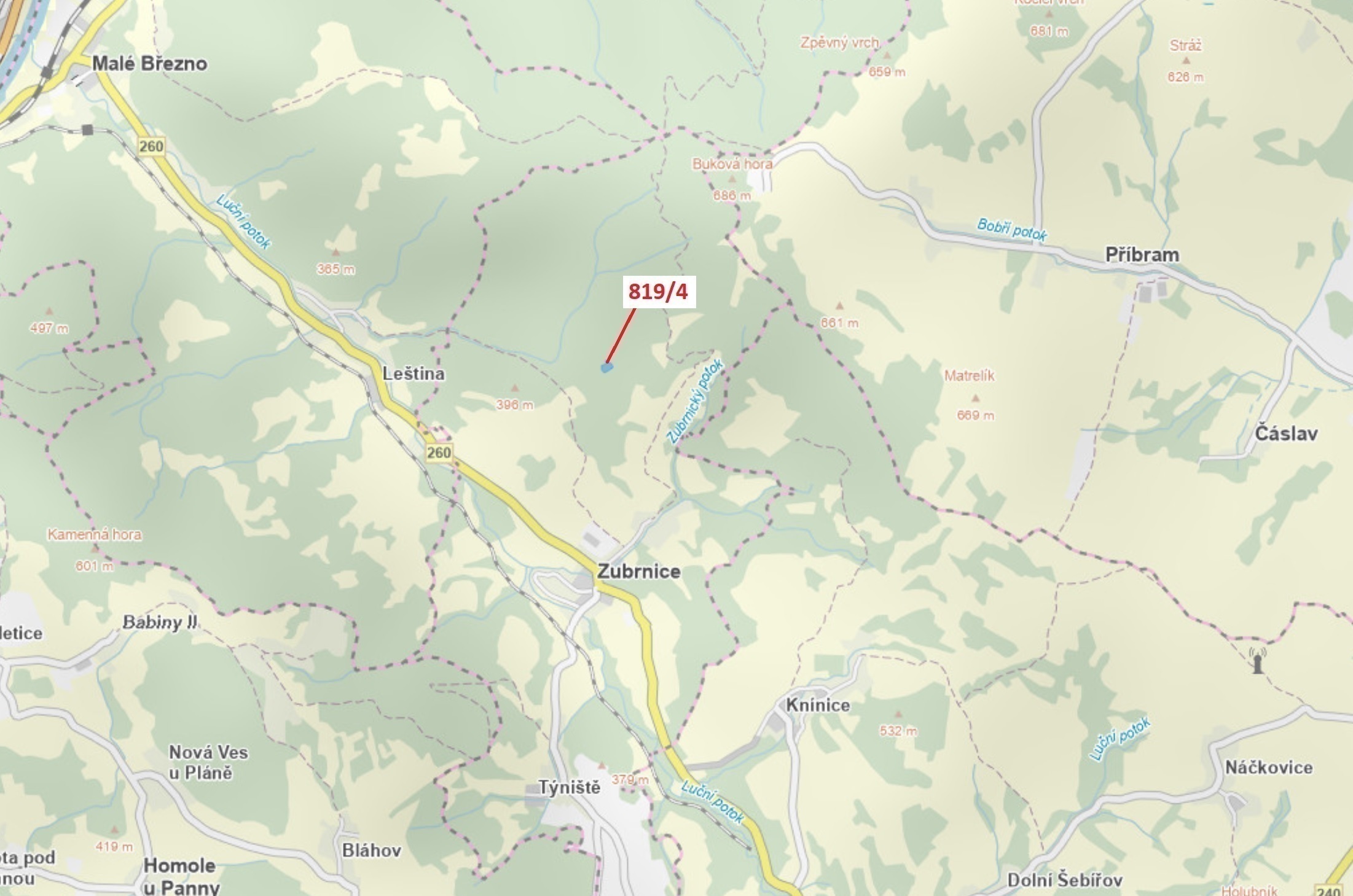 Lesní pozemek o výměře 2 875 m2, podíl  9/10, katastrální území Zubrnice, obec Zubrnice, obec s rozš