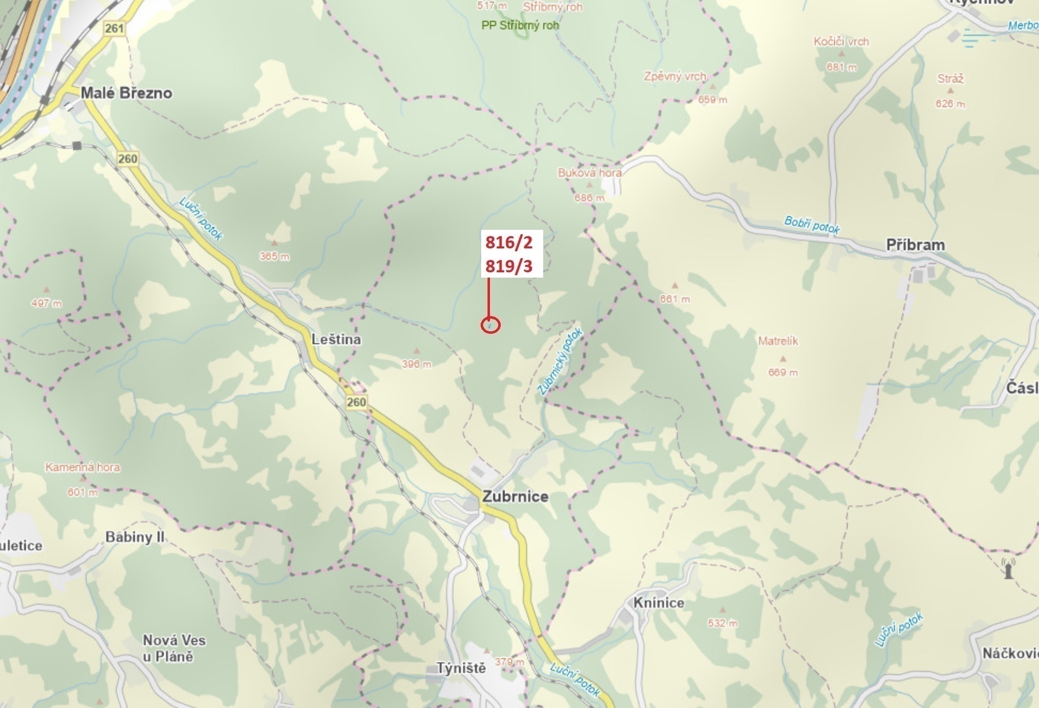 Lesní pozemky o výměře 85 m2, podíl  9/10, katastrální území Zubrnice, obec Zubrnice, obec s rozšíře