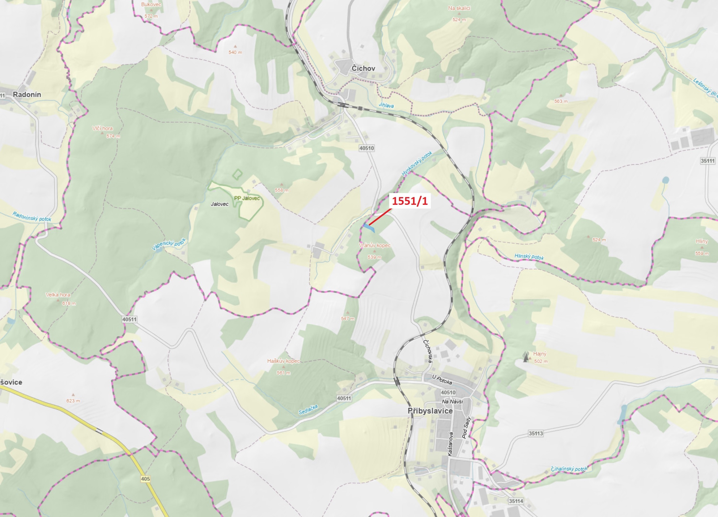 Lesní pozemek o výměře 2478 m2, podíl 1/1, katastrální území Přibyslavice nad Jihlavou, obec Přibysl