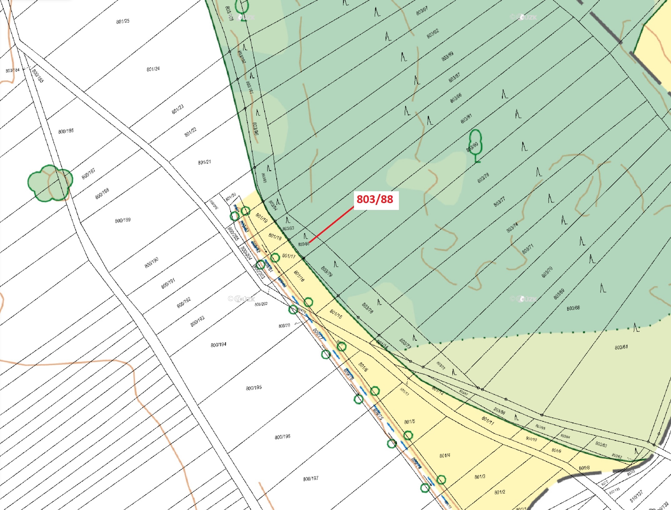 Lesní pozemky o výměře 107 m2, podíl 1/1, katastrální území Přísnotice, obec Přísnotice, obec s rozš