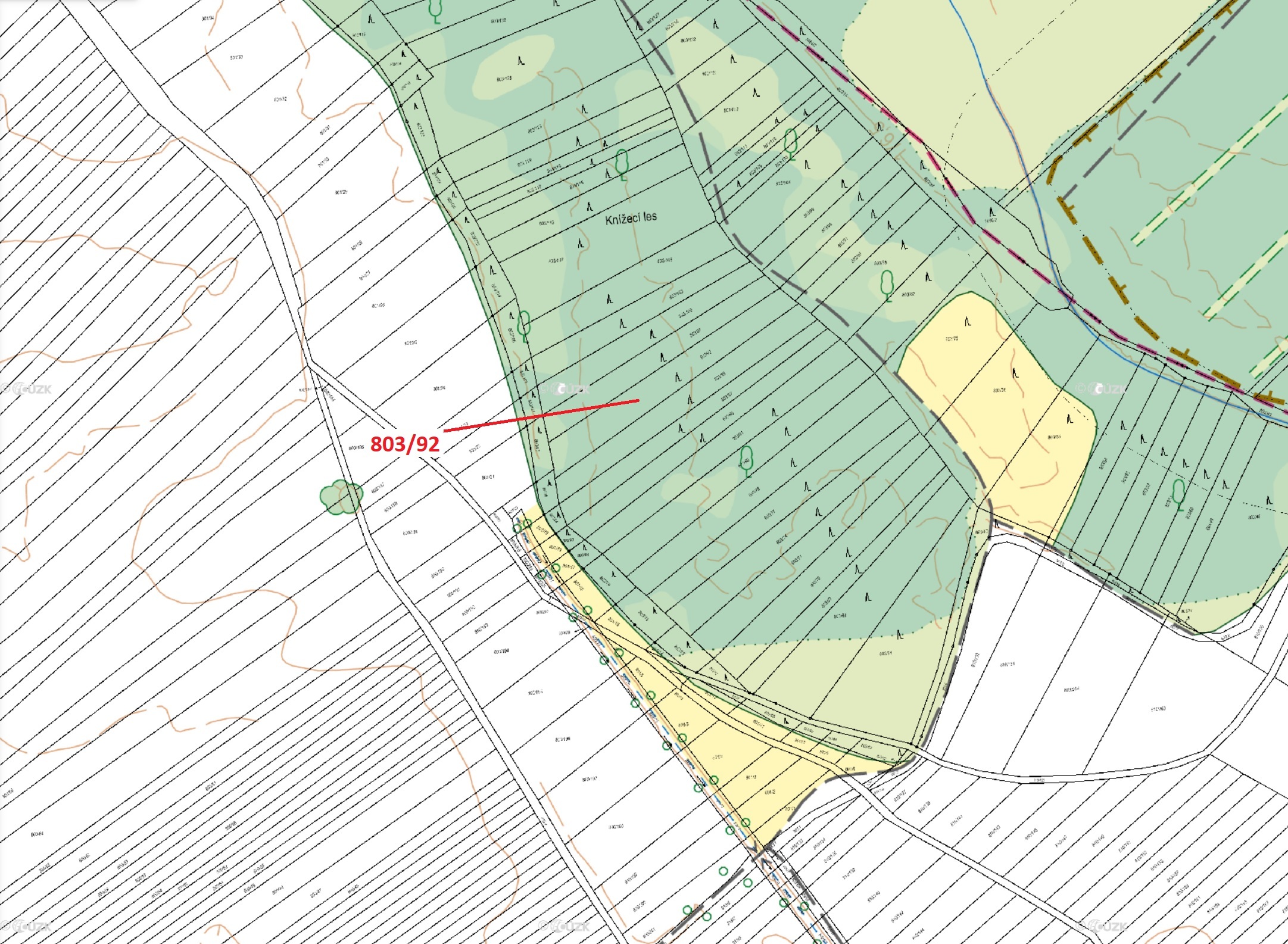 Lesní pozemky o výměře 1778 m2, podíl 1/1, katastrální území Přísnotice, obec Přísnotice, obec s roz