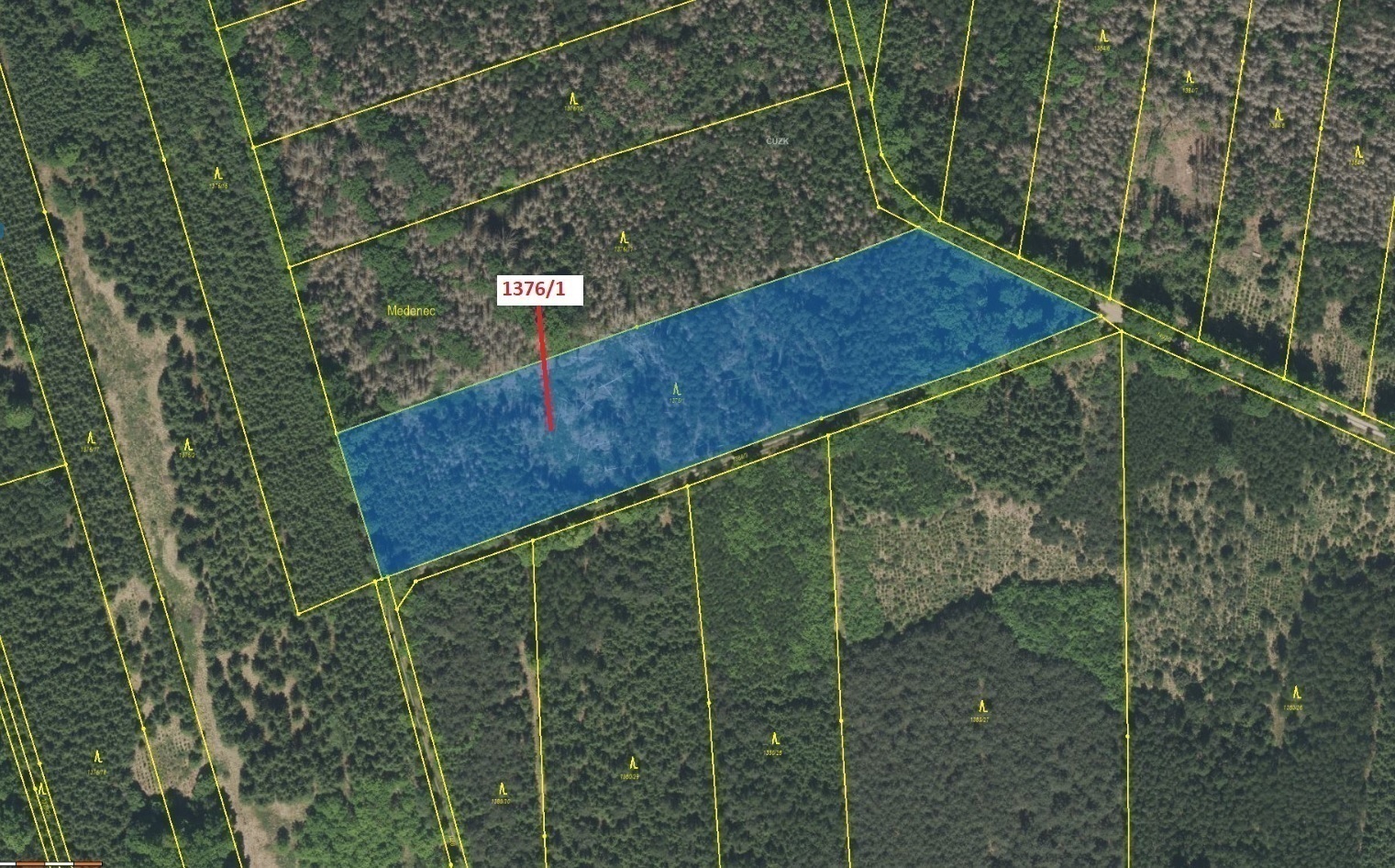 Lesní pozemek o výměře 13 807 m2, podíl 1/1, katastrální území Břehov, obec Břehov, obec s rozšířeno