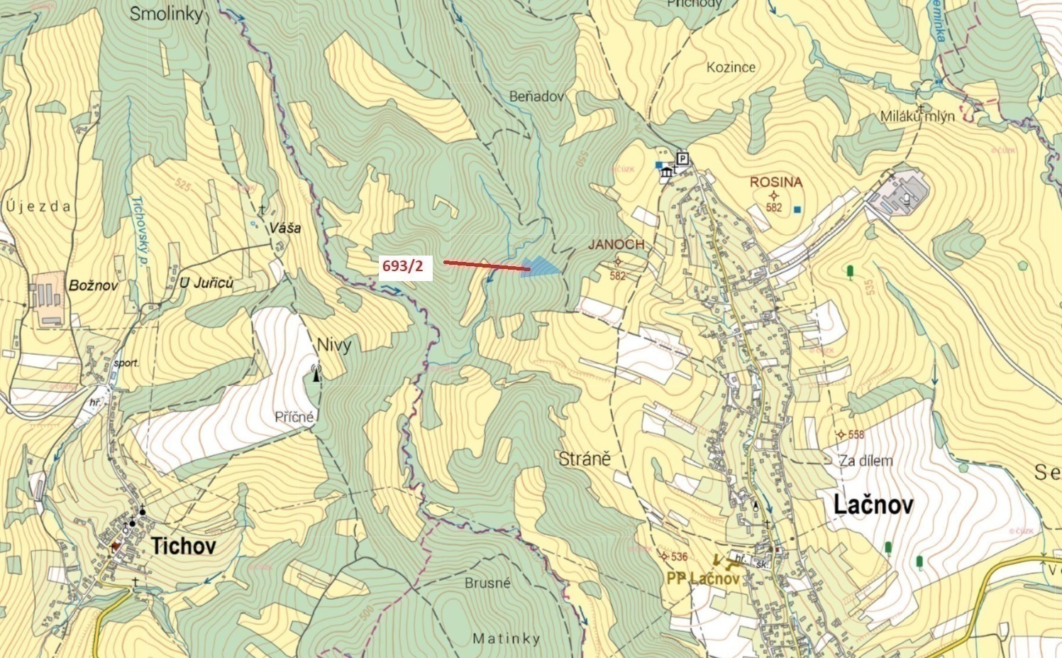Lesní pozemek o výměře 7364 m2, podíl 1/1, katastrální území Lačnov, obec Lačnov, obec s rozšířenou 