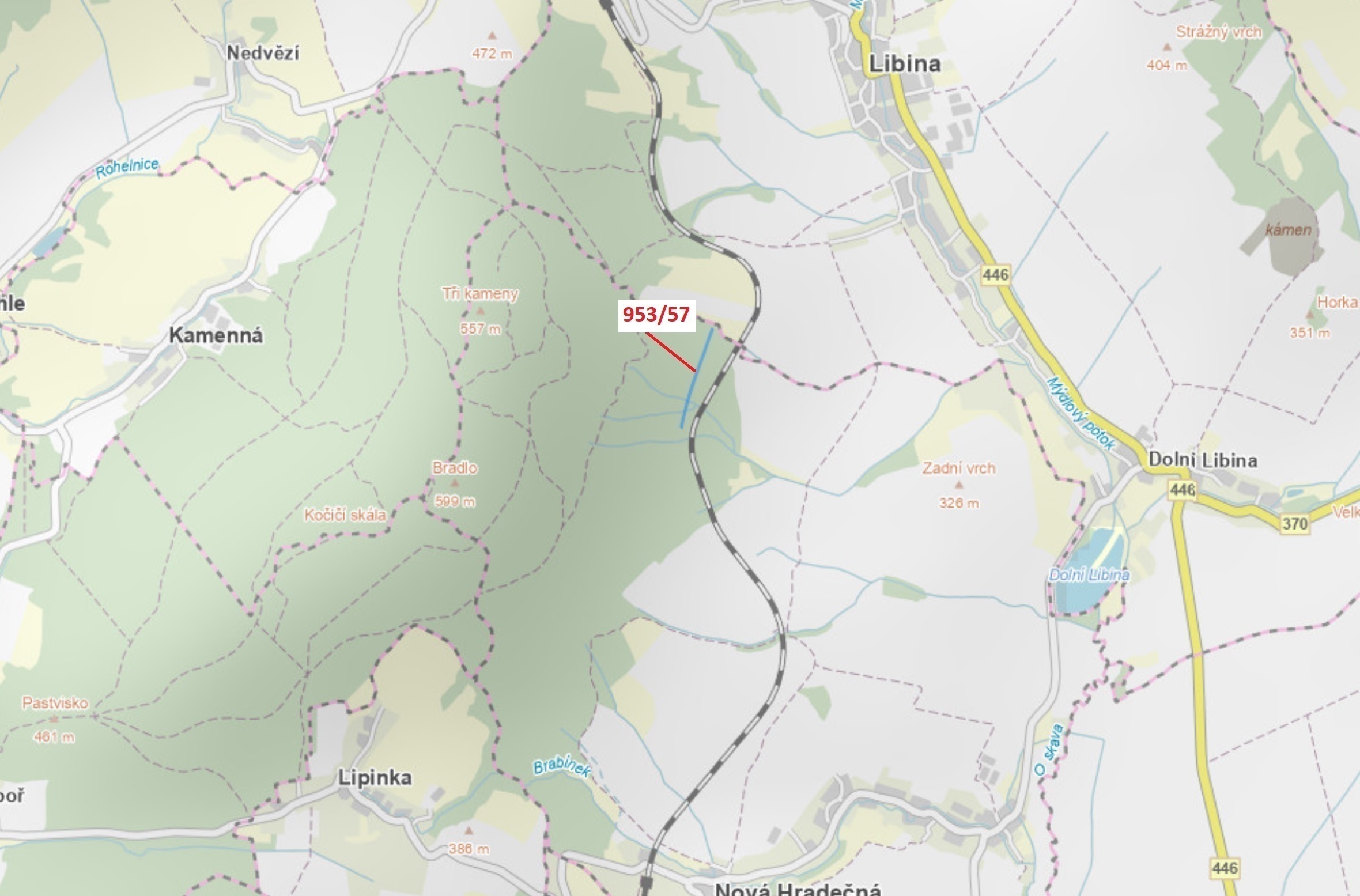 Lesní pozemek o výměře 6750 m2, podíl 1/1, katastrální území Nová Hradečná, obec Nová Hradečná, obec
