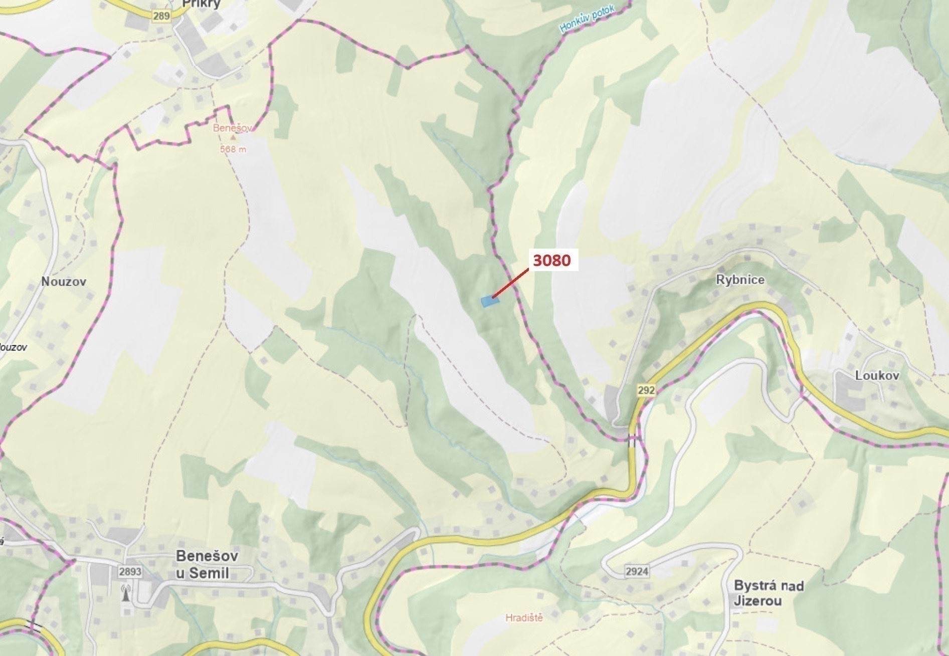 Lesní pozemek o výměře 2540 m2, podíl 1/1, katastrální území Benešov u Semil, obec Benešov u Semil, 