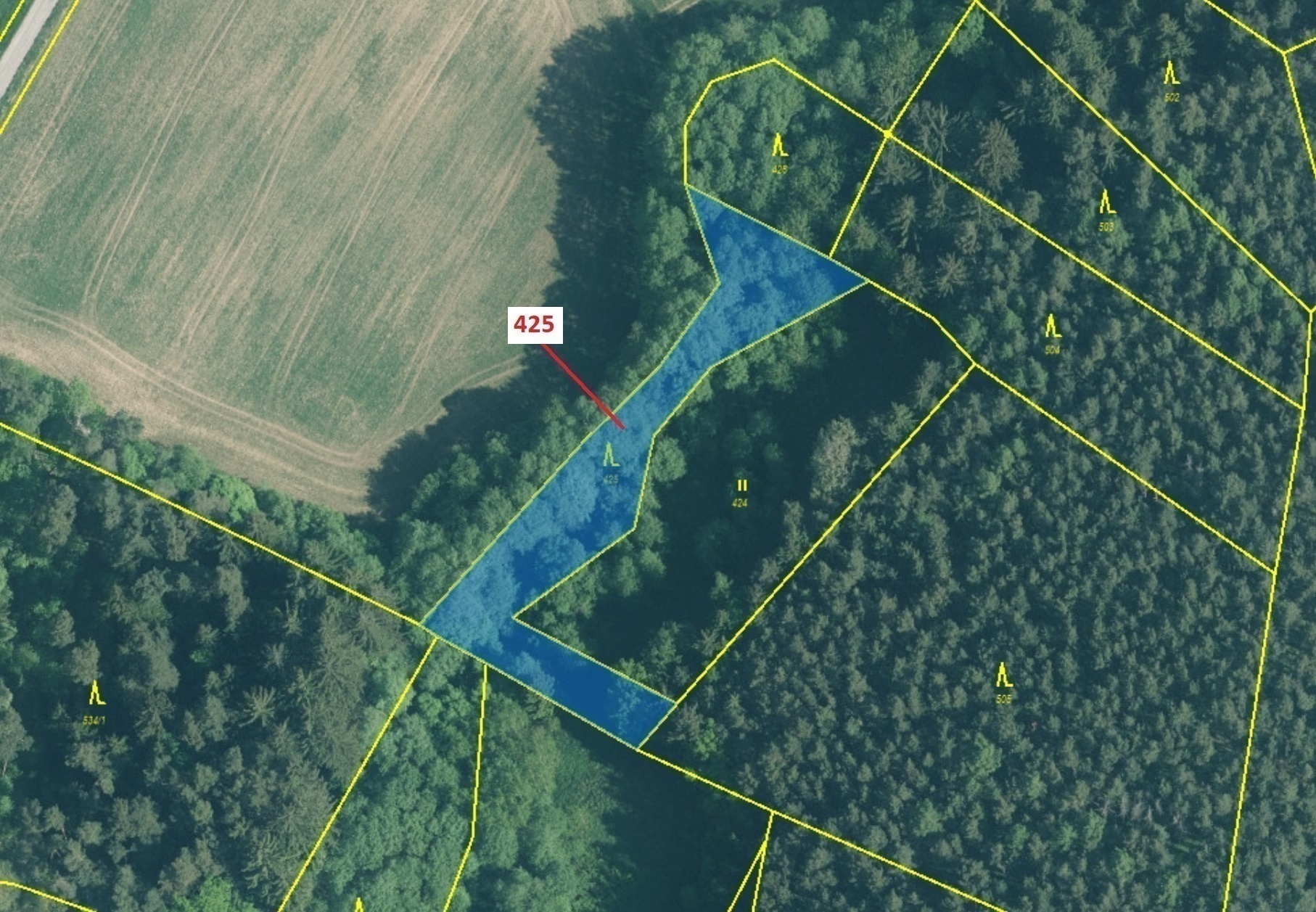 Lesní pozemek o výměře 1719 m2, podíl 1/1, katastrální území Kuřimany, obec Kuřimany, obec s rozšíře