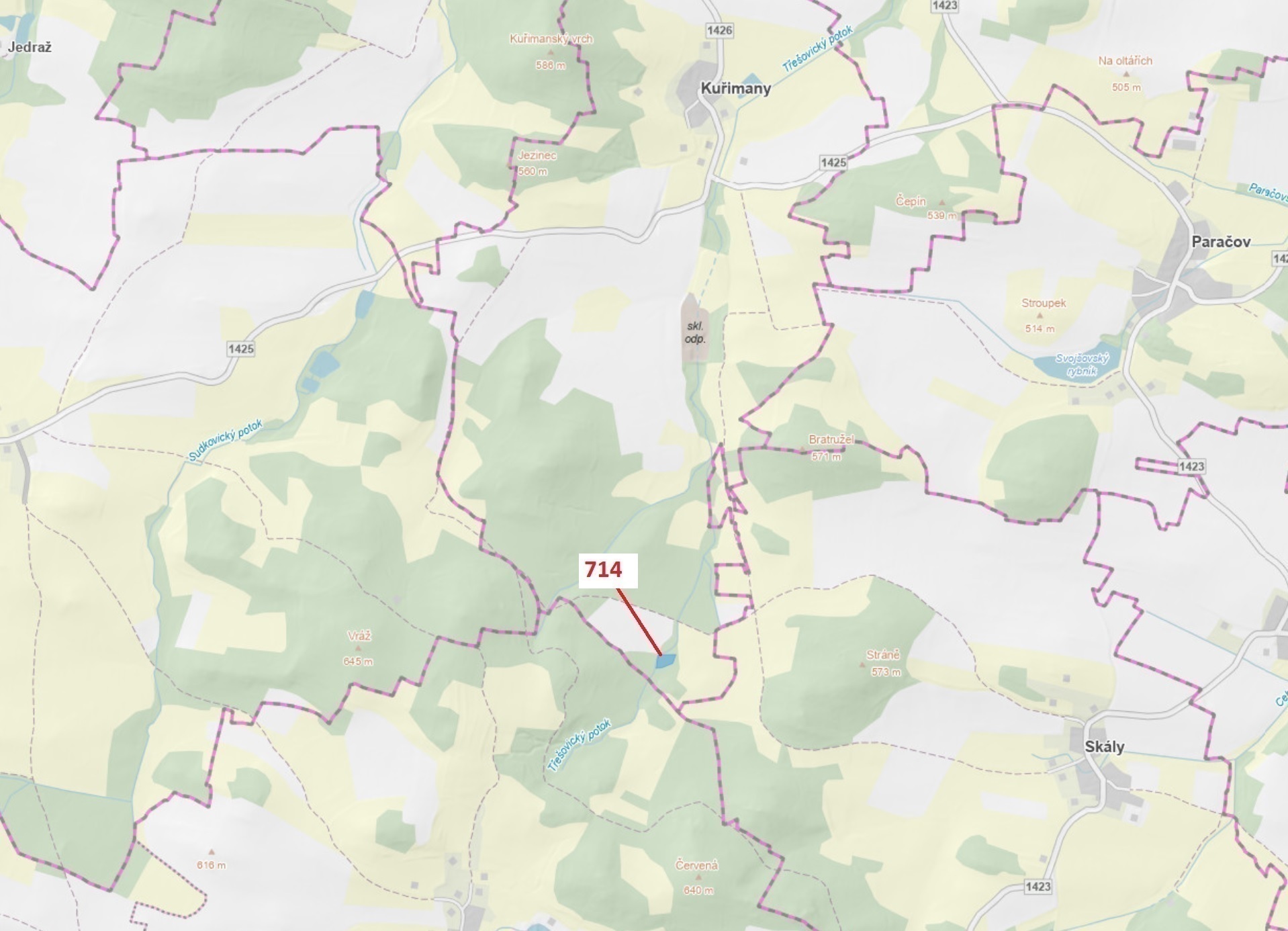 Lesní pozemek o výměře 2850 m2, podíl 1/1, katastrální území Kuřimany, obec Kuřimany, obec s rozšíře
