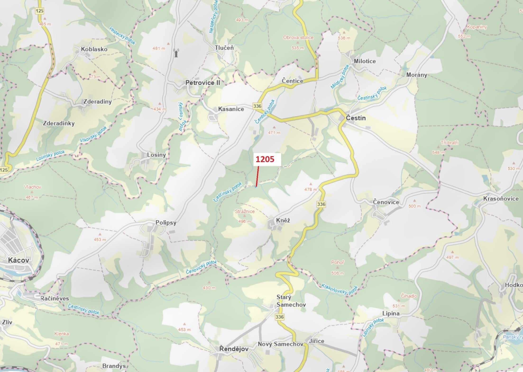 Lesní pozemek o výměře 518 m2, podíl 1/1, katastrální území Kněž u Čestína, obec Čestín, obec s rozš