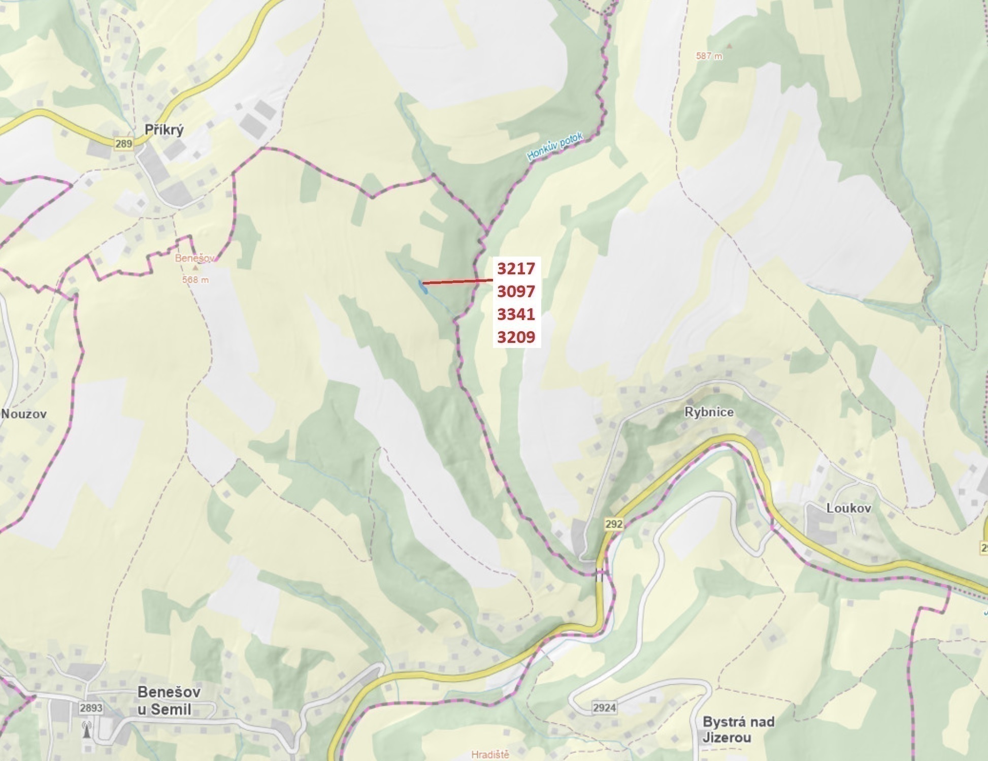 Lesní pozemky a vodní plocha o výměře 1649 m2, podíl 1/1, katastrální území Benešov u Semil, obec Be