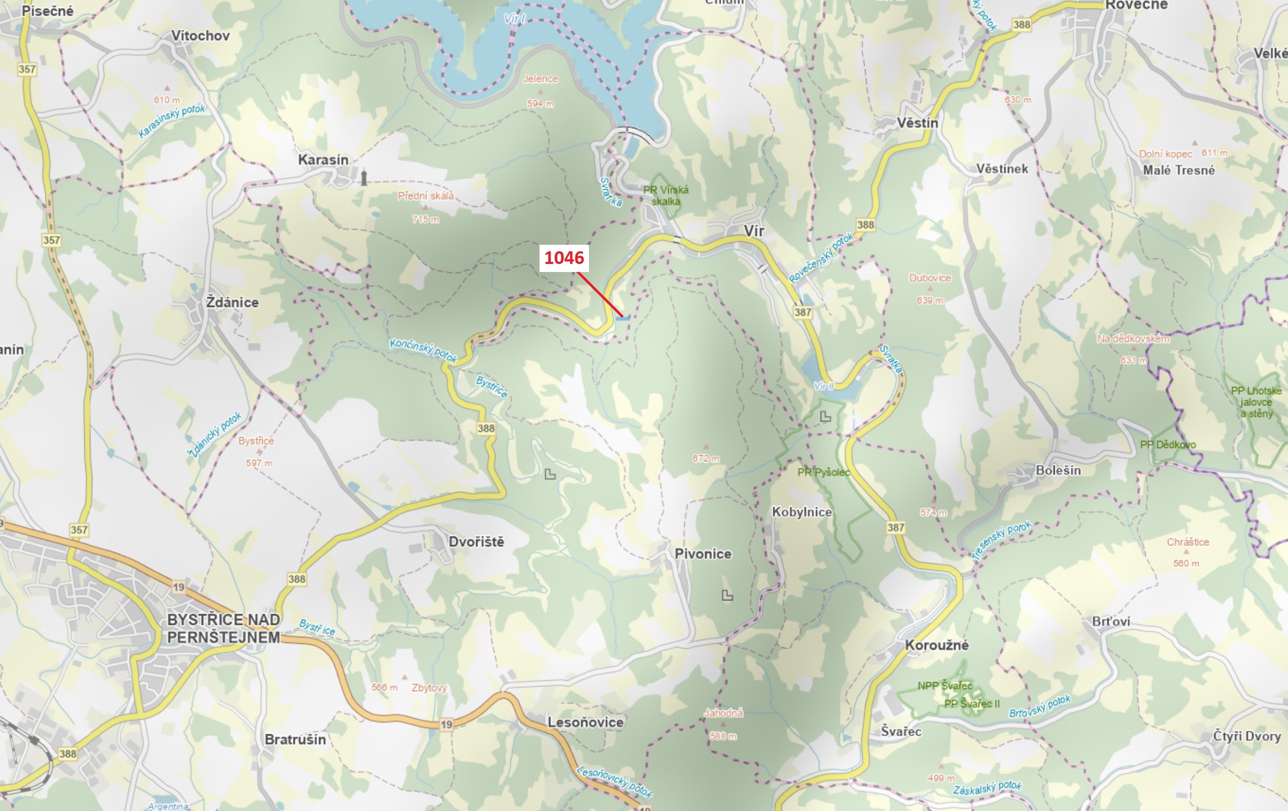 Lesní pozemek o výměře 2432 m2, podíl 1/1, katastrální území Hrdá Ves, obec Vír, obec s rozšířenou p