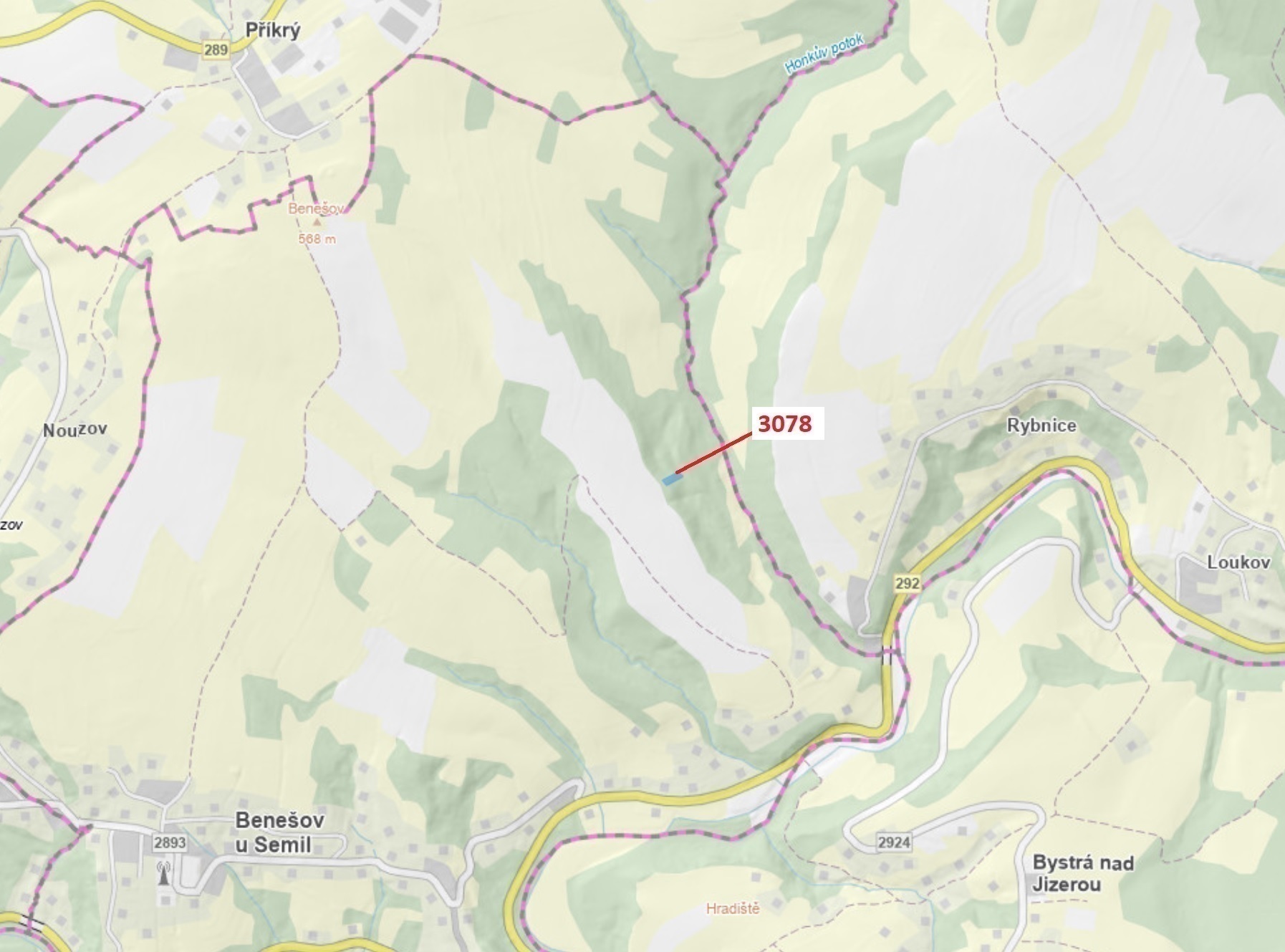Lesní pozemek o výměře 1110 m2, podíl 1/1, katastrální území Benešov u Semil, obec Benešov u Semil, 