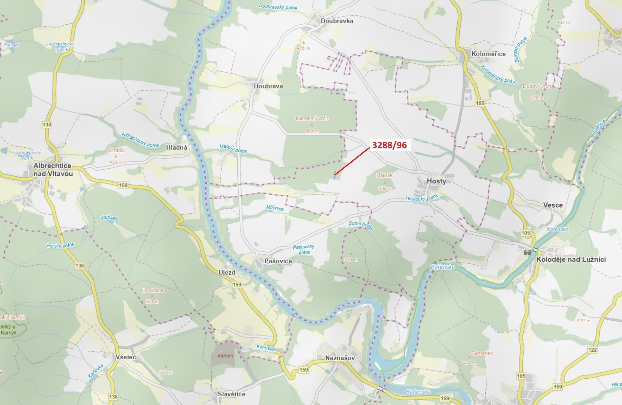 Lesní pozemek o výměře 1630 m2, podíl 1/1, katastrální území Hosty, obec Hosty, obec s rozšířenou pů