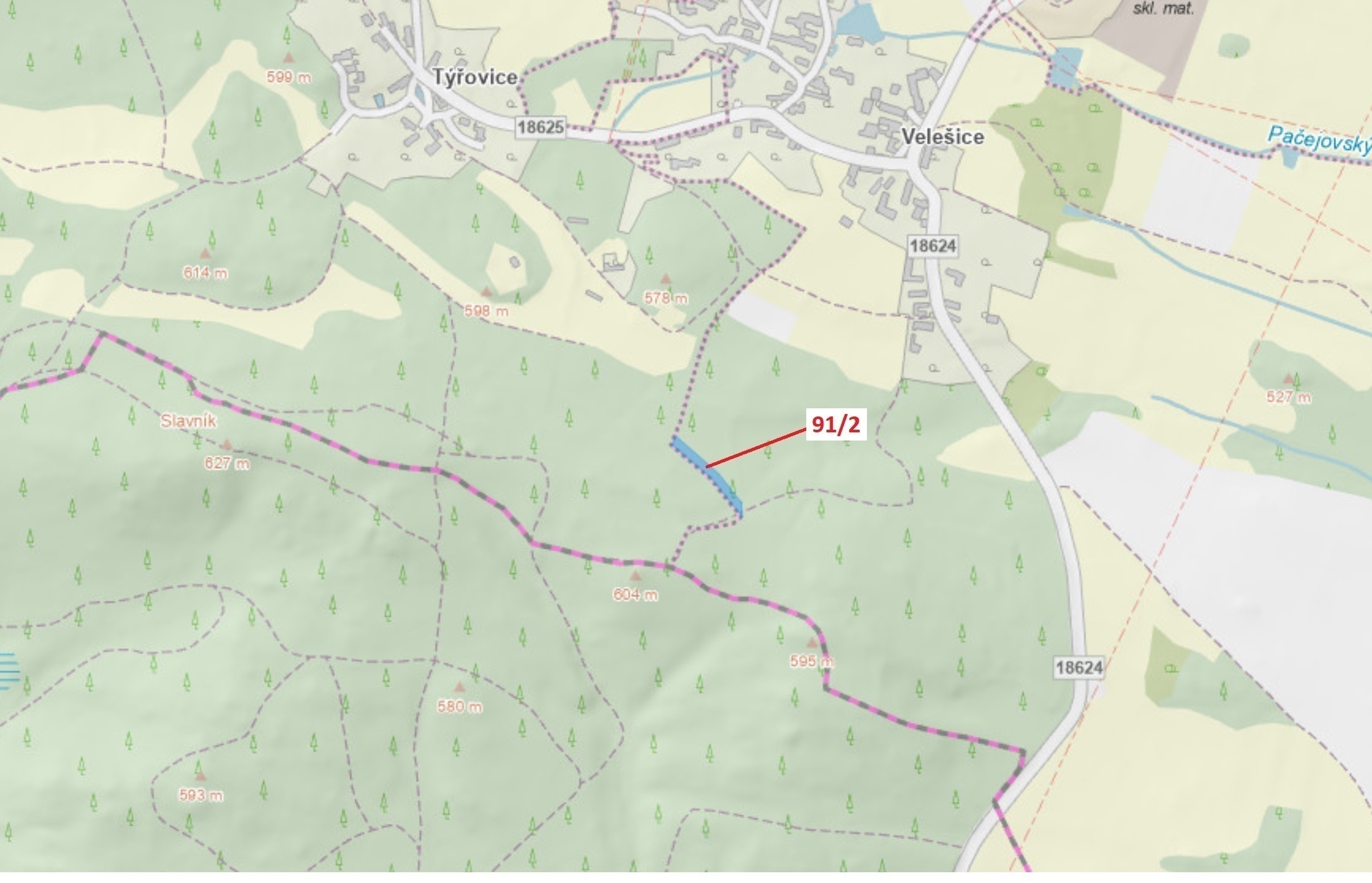 Lesní pozemek o výměře 1363 m2, podíl 1/1, katastrální území Velešice u Pačejova, obec Pačejov, obec