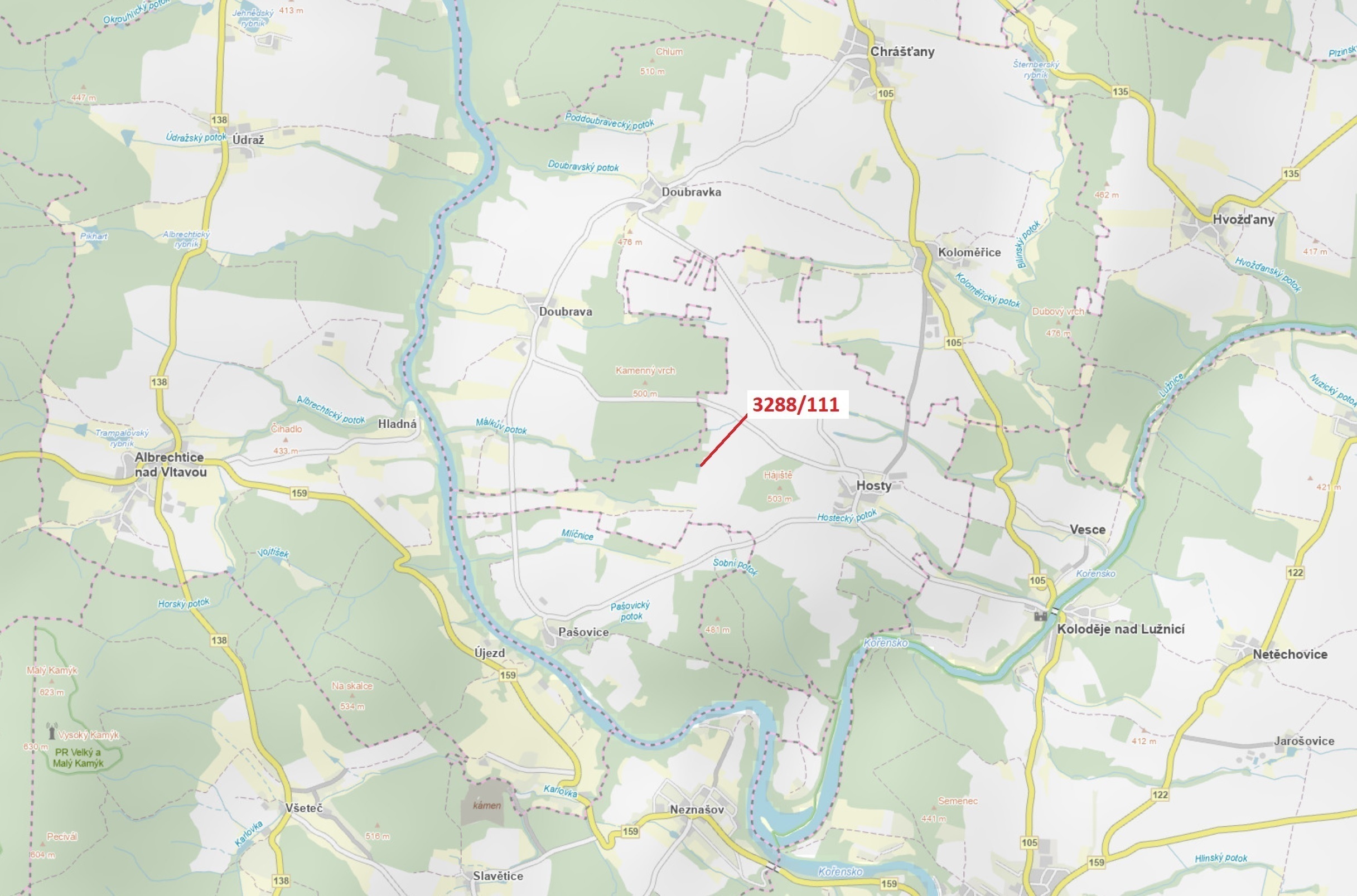 Lesní pozemek o výměře 978 m2, podíl 1/1, katastrální území Hosty, obec Hosty, obec s rozšířenou půs