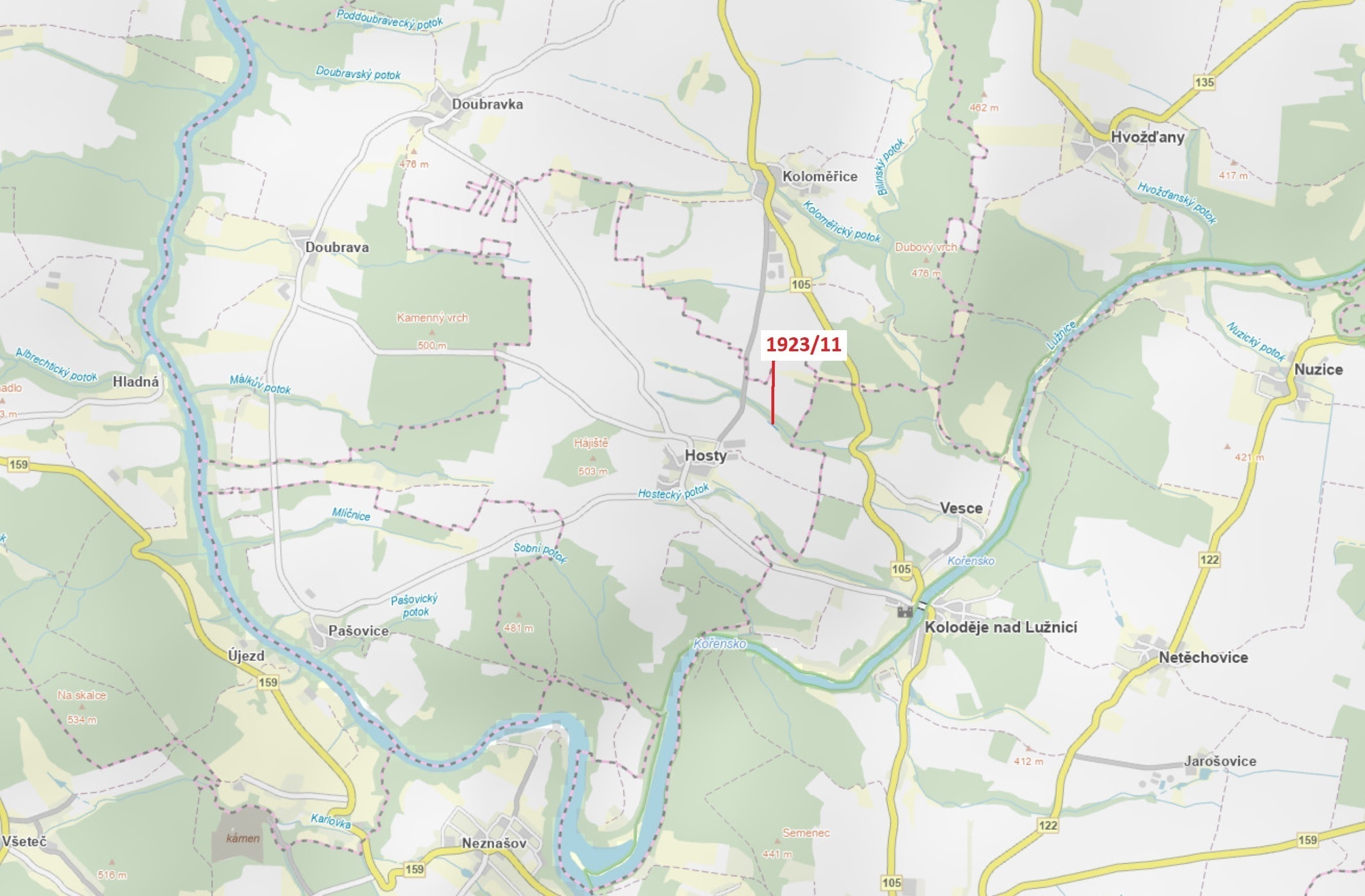 Lesní pozemek o výměře 323 m2, podíl 1/1, katastrální území Hosty, obec Hosty, obec s rozšířenou půs