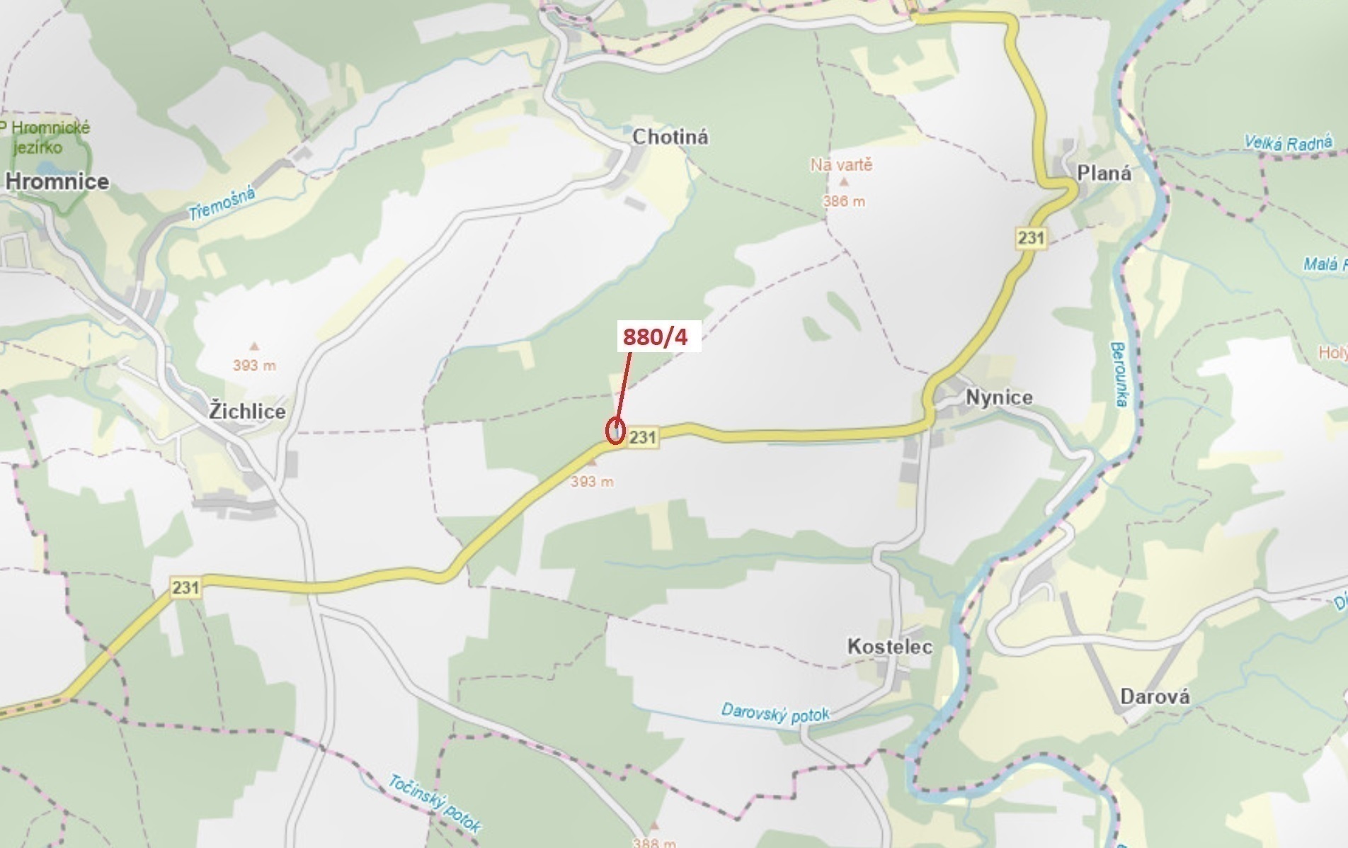 Lesní pozemek o výměře 130 m2, podíl 1/1, katastrální území Nynice, obec Hromnice, obec s rozšířenou