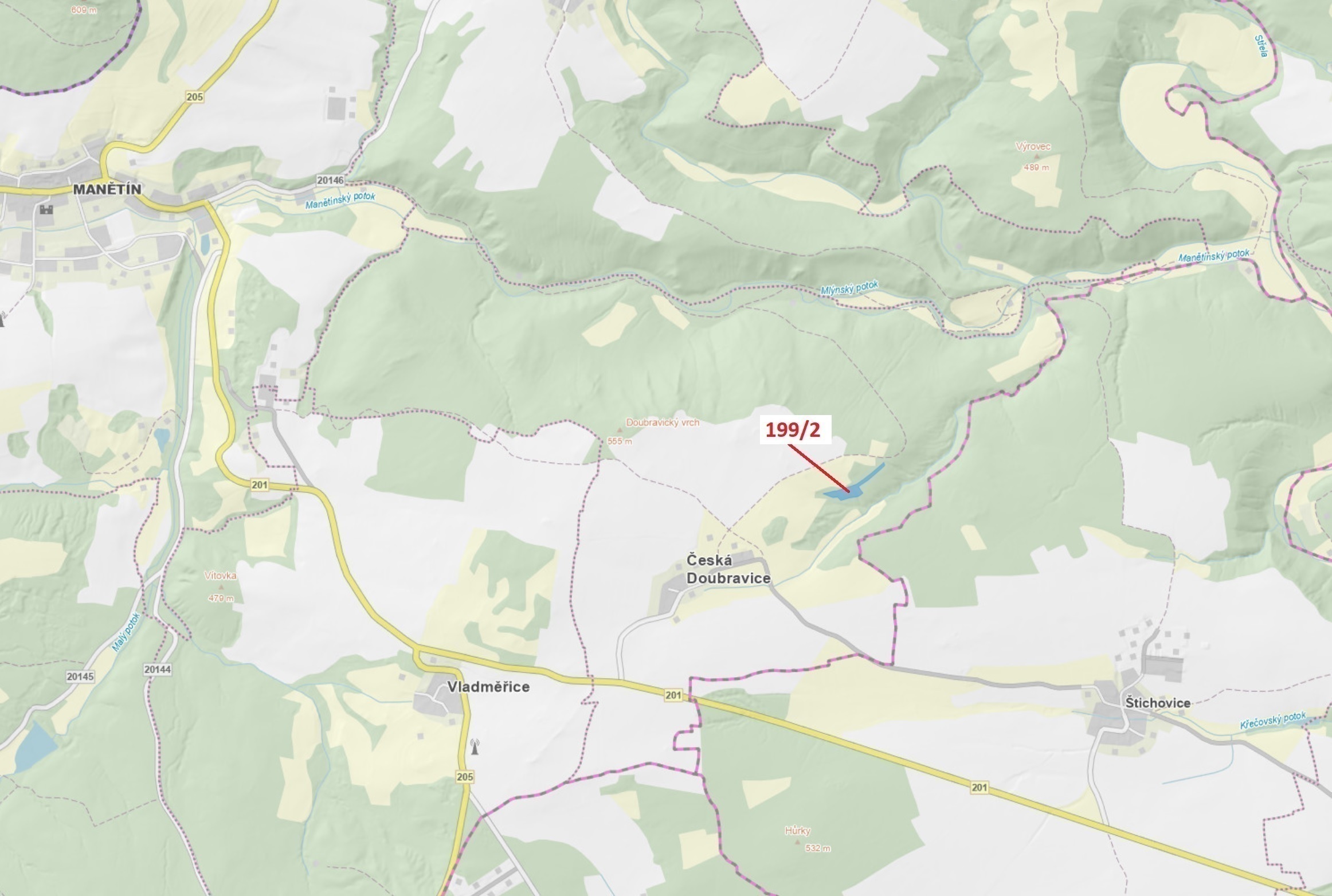 Lesní pozemek o výměře 8 273 m2, podíl 1/1, katastrální území Česká Doubravice, obec Manětín, obec s