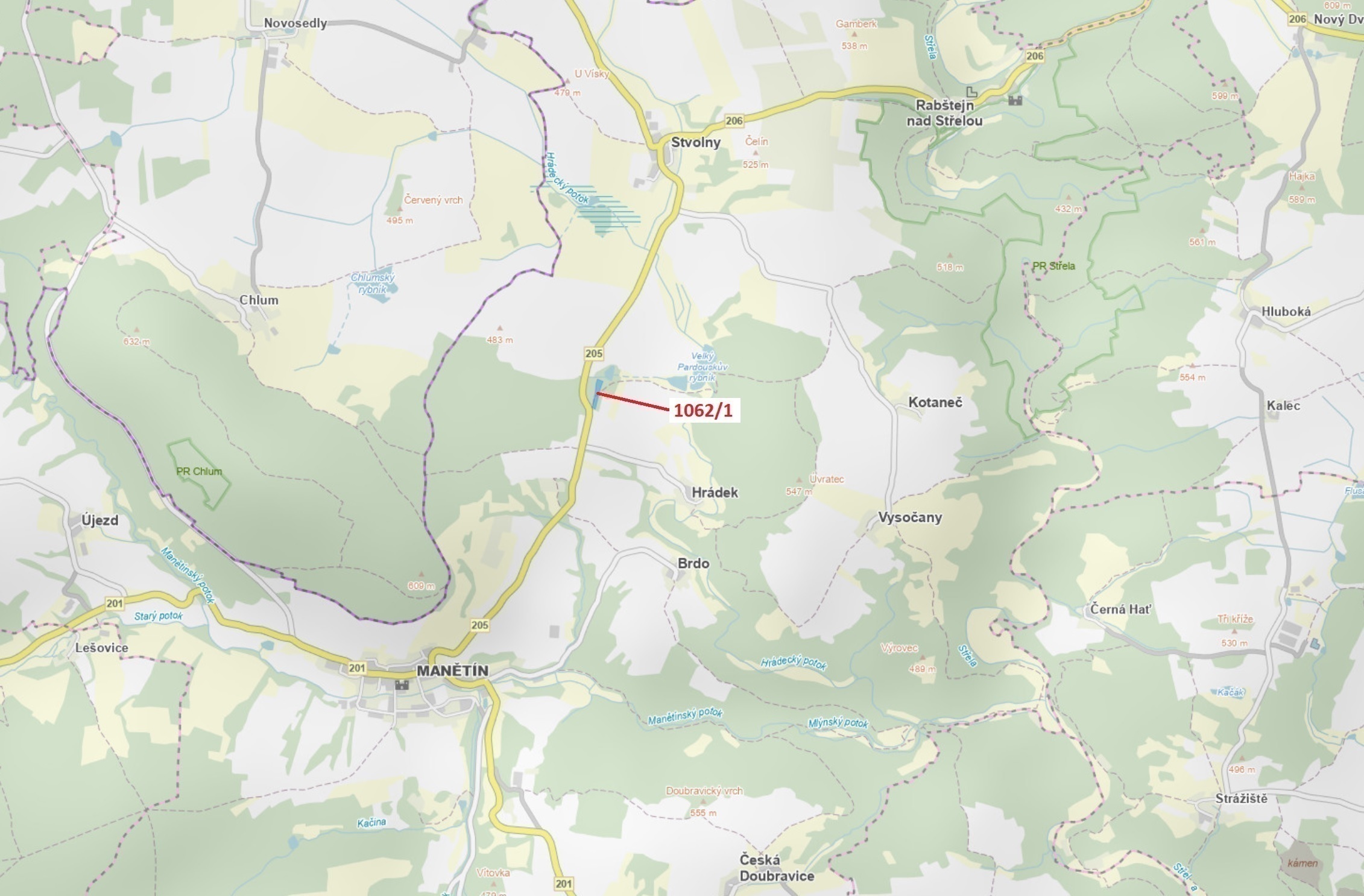 Lesní pozemek o výměře 8 653 m2, podíl 1/1, katastrální území Stvolny, obec Manětín, obec s rozšířen