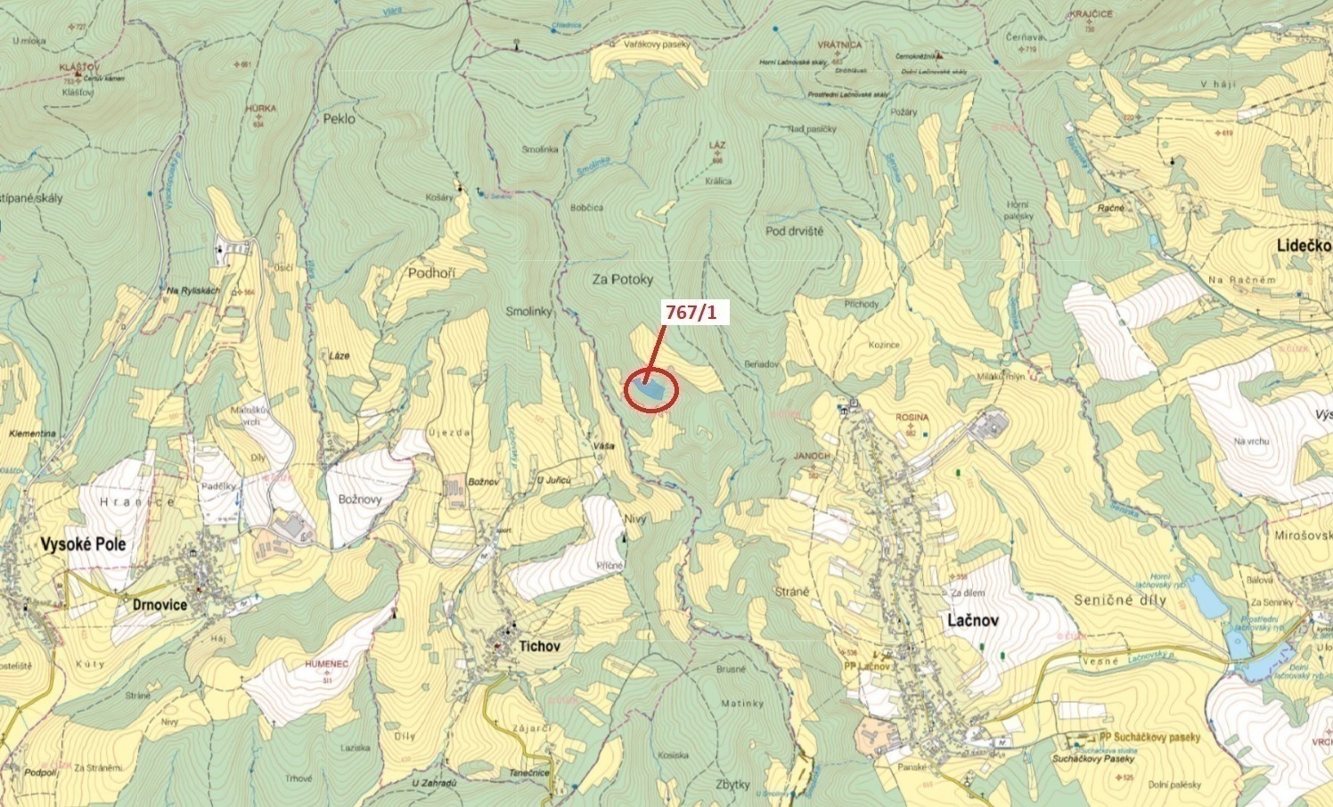 Lesní pozemek o výměře 12 637 m2, podíl 1/1, katastrální území Lačnov, obec Lačnov, obec s rozšířeno